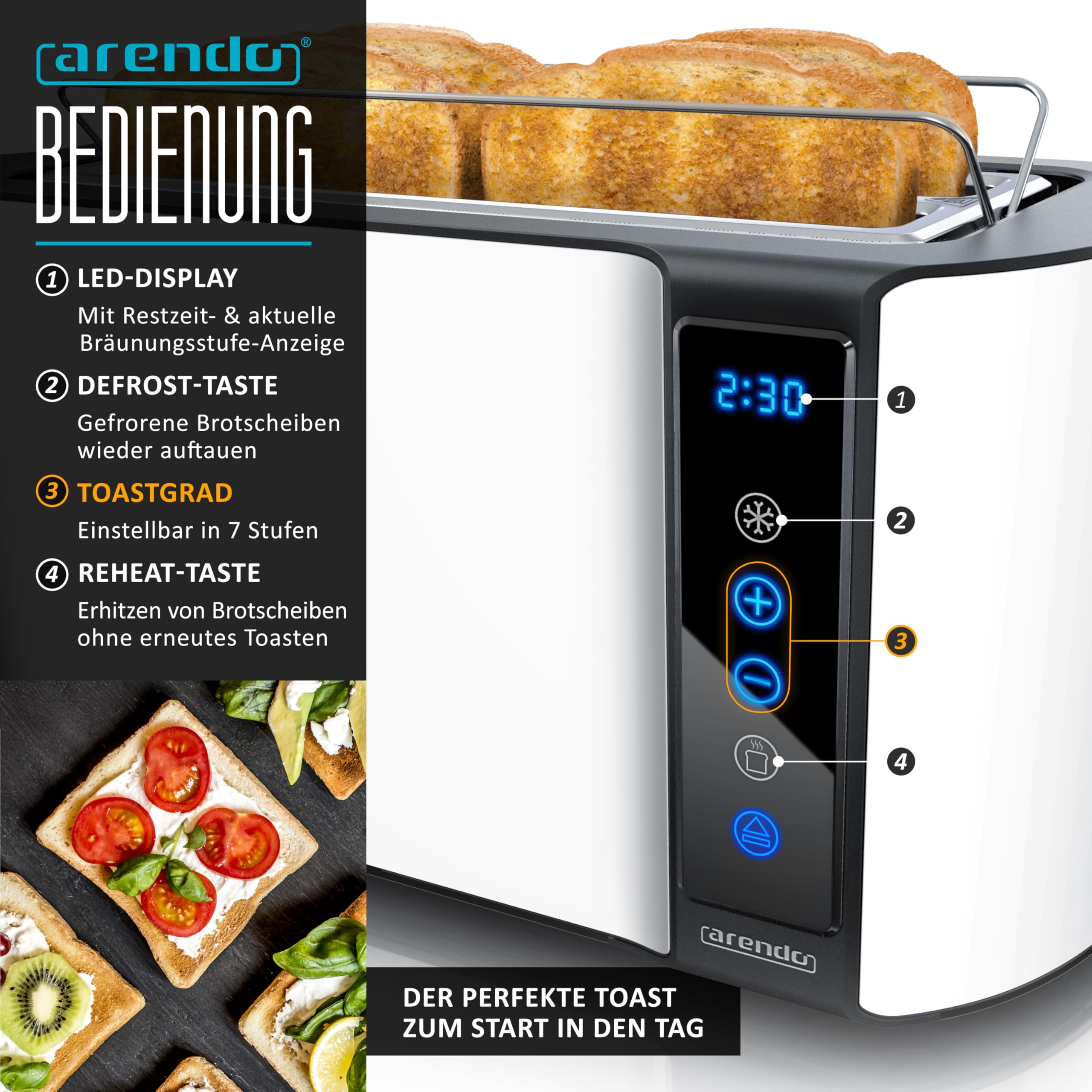 Arendo Wasserkocher Toaster SET Edelstahl 45-100 Grad Warmhaltefunktion 4 Scheiben Touch Display Weiß Matt