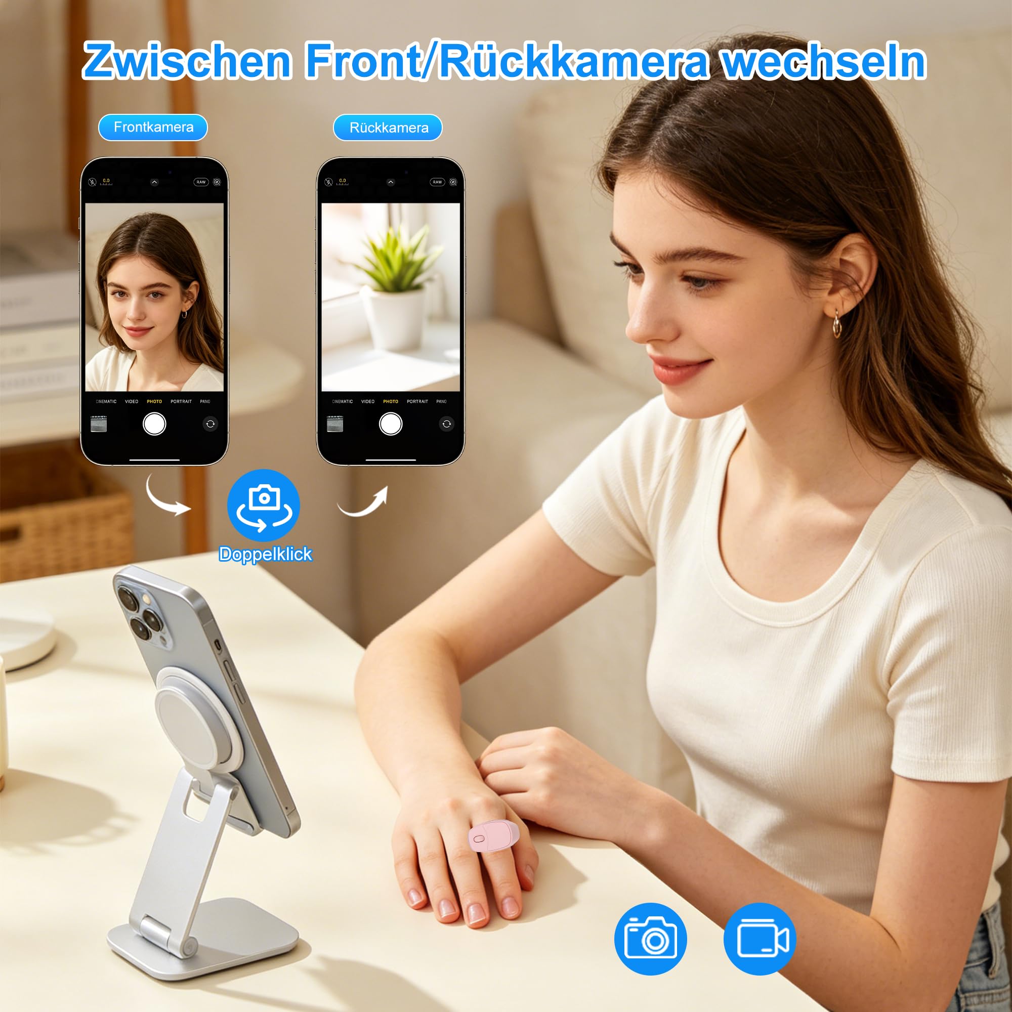 TikTok - Mando a distancia inalámbrico Bluetooth, anillo de desplazamiento recargable con funda de carga, vídeo corto remoto, disparador de cámara, libro electrónico PPT, giro lateral para smartphone