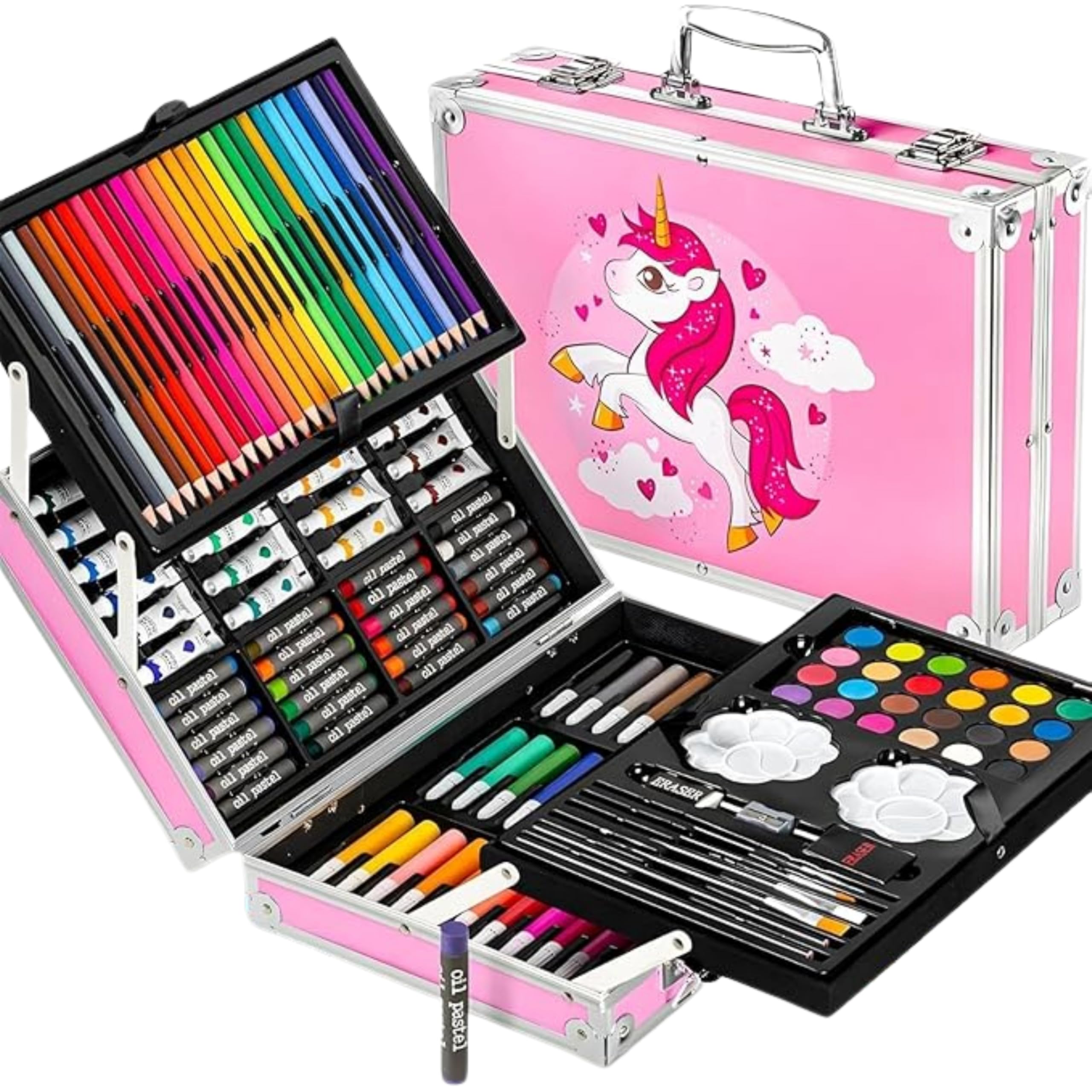 Kitchen Bloom Art Set for Kids, 145 Pieces Drawing Kit with Colour Pencils, Oil Pastels, Paint Brushes, Unicorn Theme Art Set