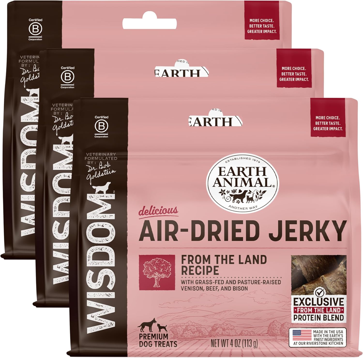 Earth Animal Wisdom Air Dried Jerky - From the Land Recipe Premium Natural Red Meat Jerky Strips Dog Treats - 3 Pack 4 oz Bag