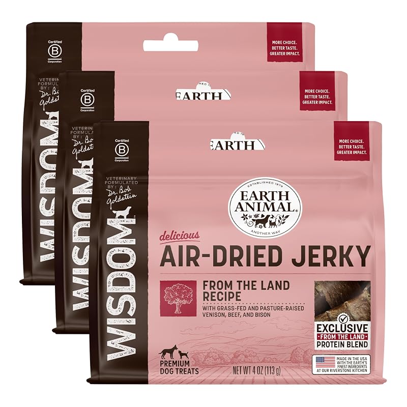 Petisco de Carne Seca para Cães Earth Animal From the Land, Desidratado ao Ar, 3 Pacotes de 113 g