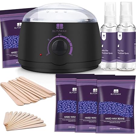 BLITZWAX Waxing Kit Hair Removal Wax Warmer Kit with Sensitive Skin Formula 14oz Lavender Hard Wax Beans for Facial Eyebrow Armpit Bikini Brazilian, Removes All Hair Types