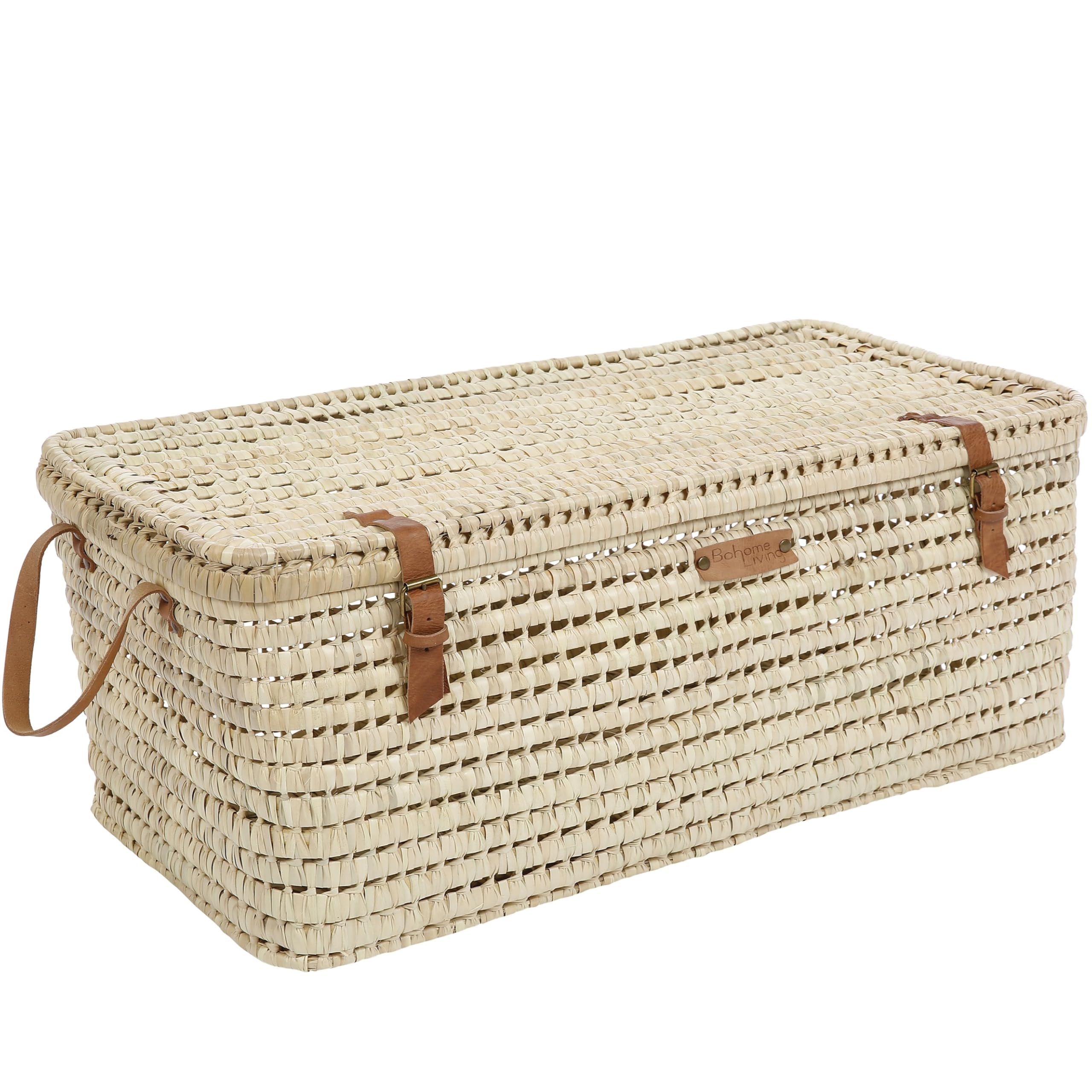 Coffre de Rangement en Osier, Malle de Salon ou Chambre, Bohème Chic (80cm)