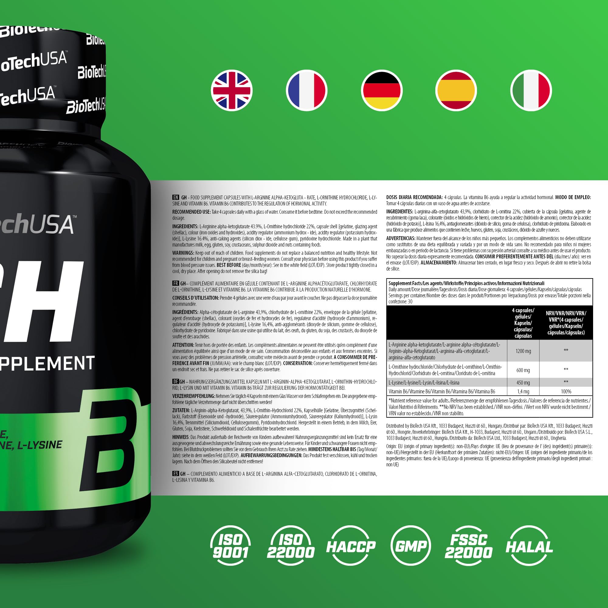 BioTechUSA GH | Régulateur Hormonal | avec Acides Aminés et Vitamine B6 | Augmente l'Hormone de Croissance | Construit du Muscle | Réduit la Graisse | 120 gélules
