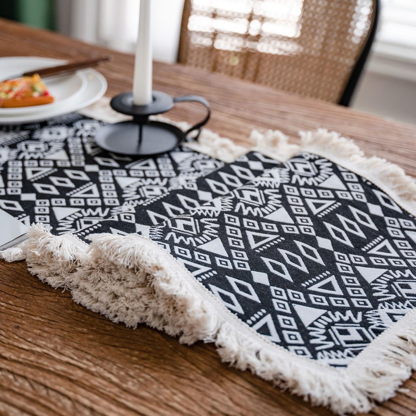 Runner da Tavolo Cotone Lino 30x240 cm, Runner da Tavola Moderno Lavabile Motivo Geometrico A Rombo Jacquard con Nappe Decorazioni per Sala da Pranzo Feste, Nero