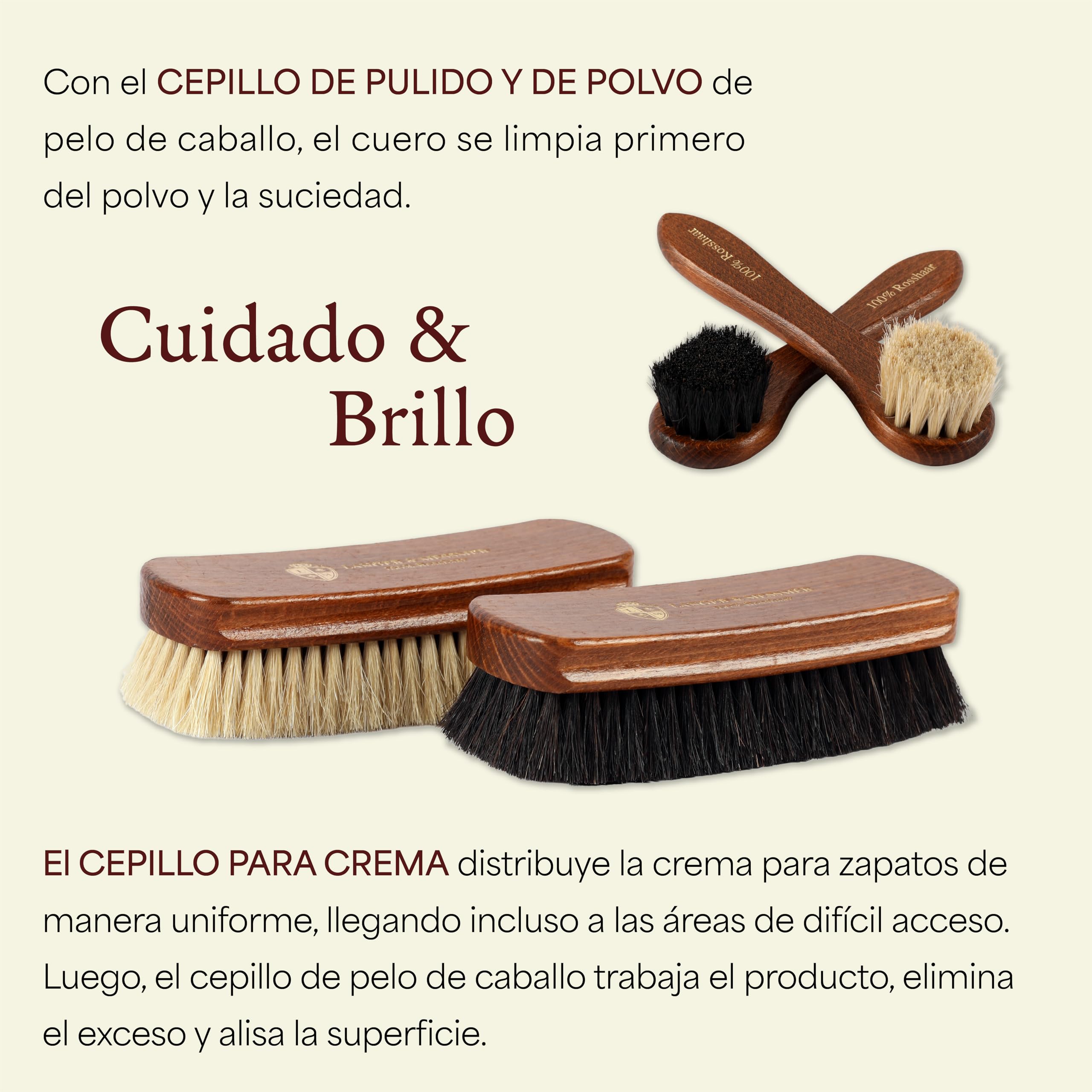 Langer & Messmer Juego de cepillos para Calzado de Crin de Caballo y Pelo de Cabra para el Cuidado Profesional del Calzado de Cuero Liso - Esencial Set de 4