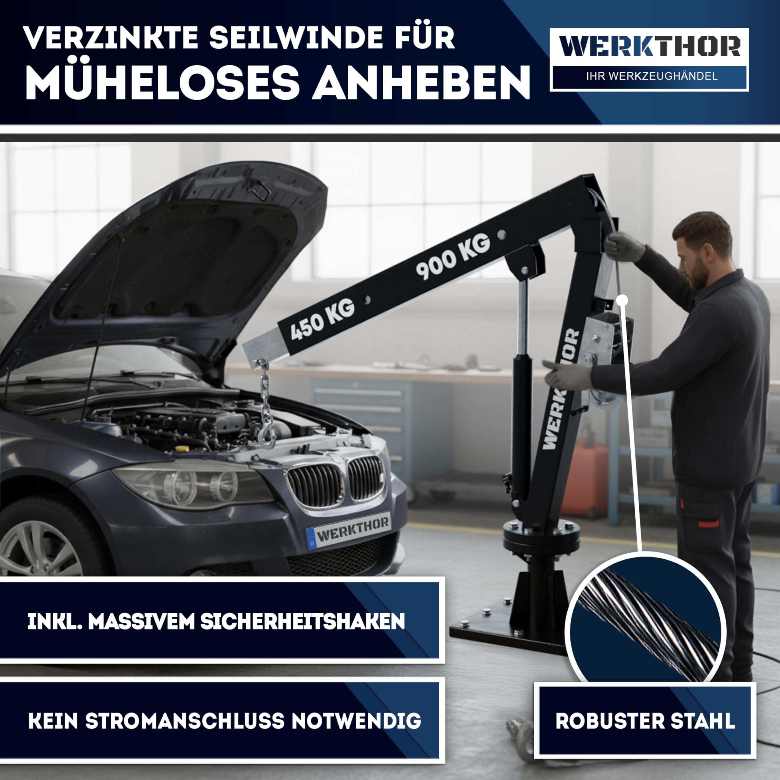 WERKTHOR Gru pickup gru di carico 900 kg con verricello e idraulico, gru pick up per rimorchio e piano, girevole a 360°, mini gru con materiale di montaggio e base solida, nero