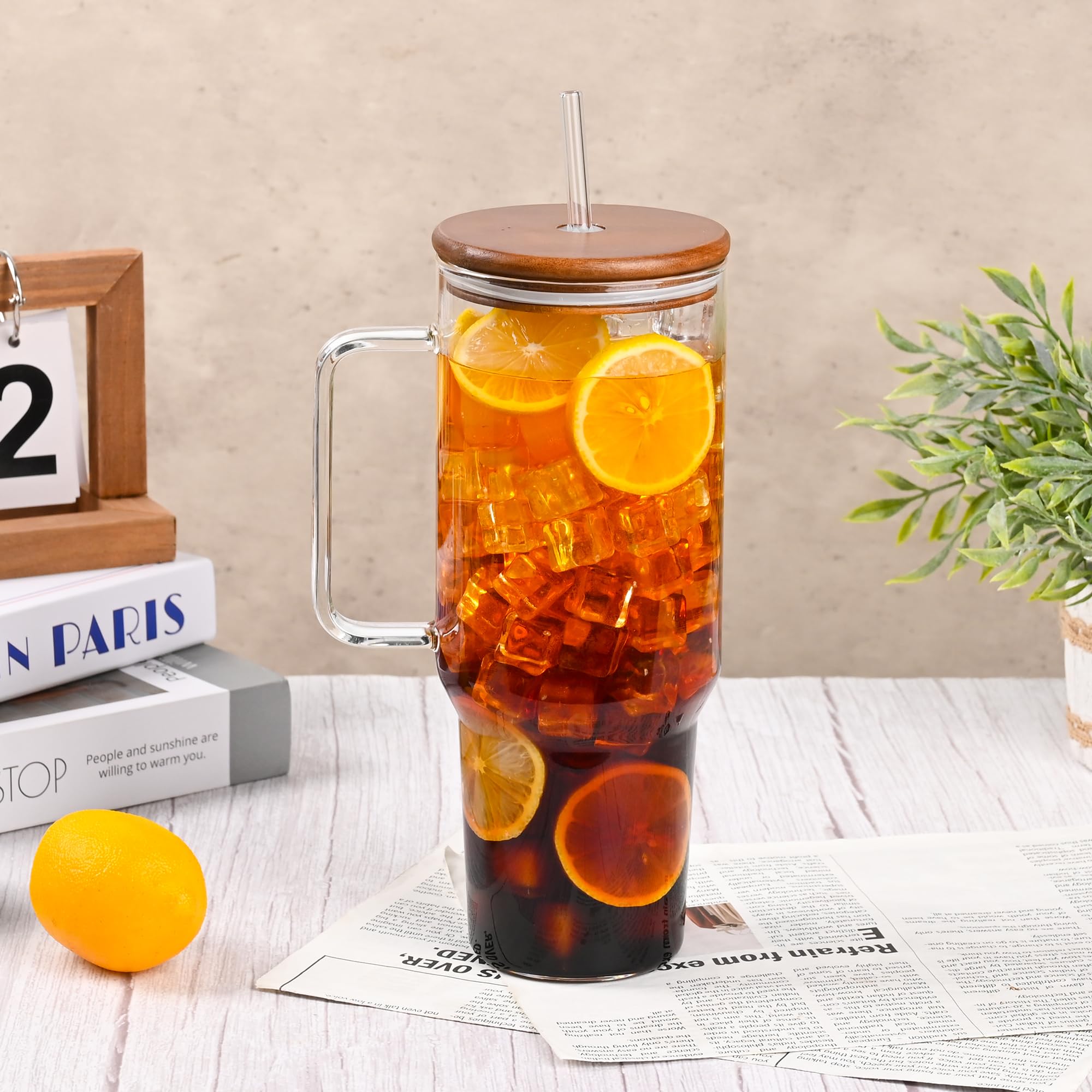 Tazza in vetro da 1,4 l con coperchio in legno di acacia e cannucce, grande bicchiere con manico e cannucce, bottiglia d'acqua a bocca larga, tazze da caffè ghiacciato, tazza da viaggio per acqua