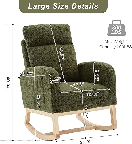 Miniatura 2 de Krinana Mecedora para guardería con patas de madera maciza, silla deslizante para guardería con dos bolsillos laterales, sillón mecedor para sala de