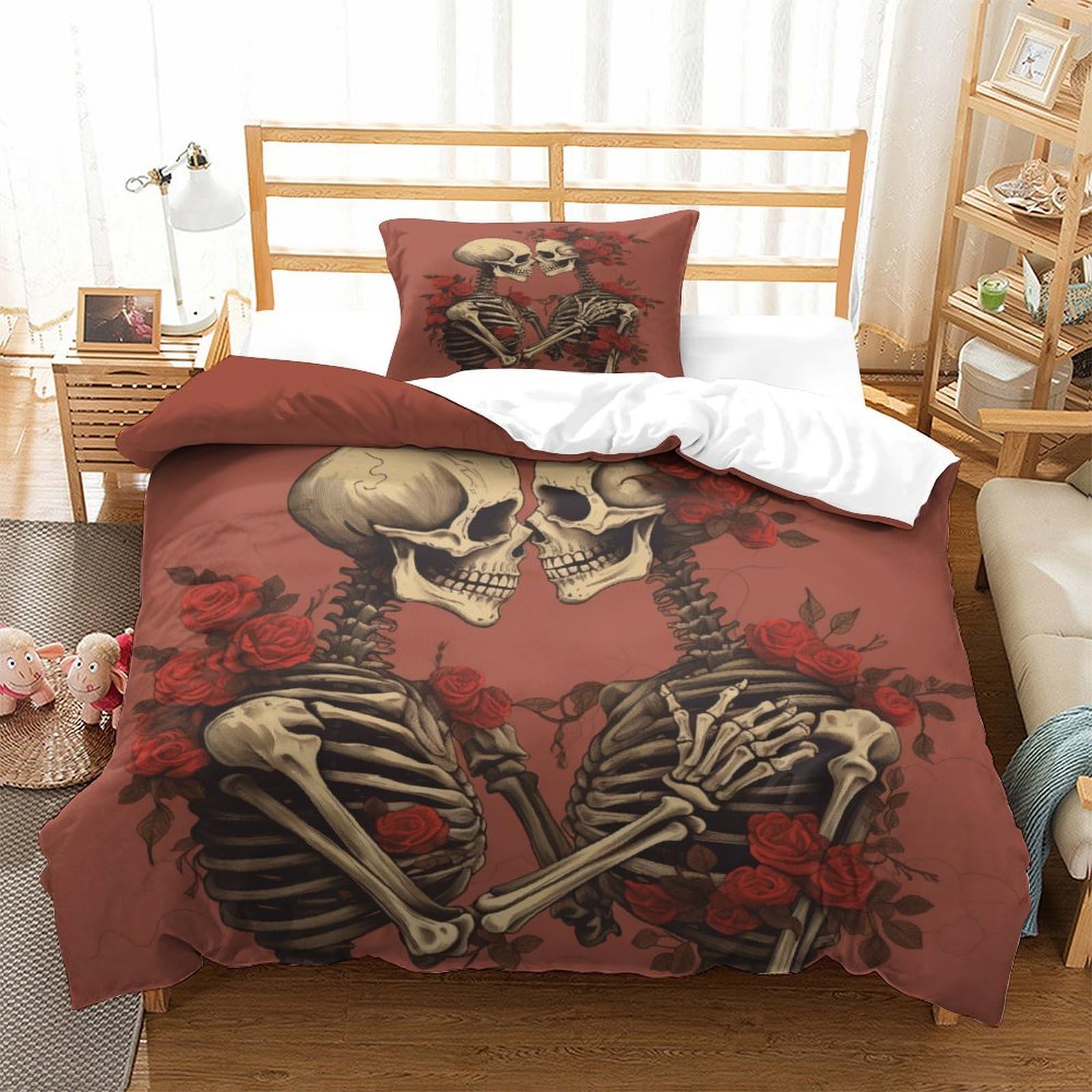 P1S9U7W5Y 3D Printed Skeleton Lovers 3pcs Microfiber Duvet Cover Set Gothic Bedding Set Single