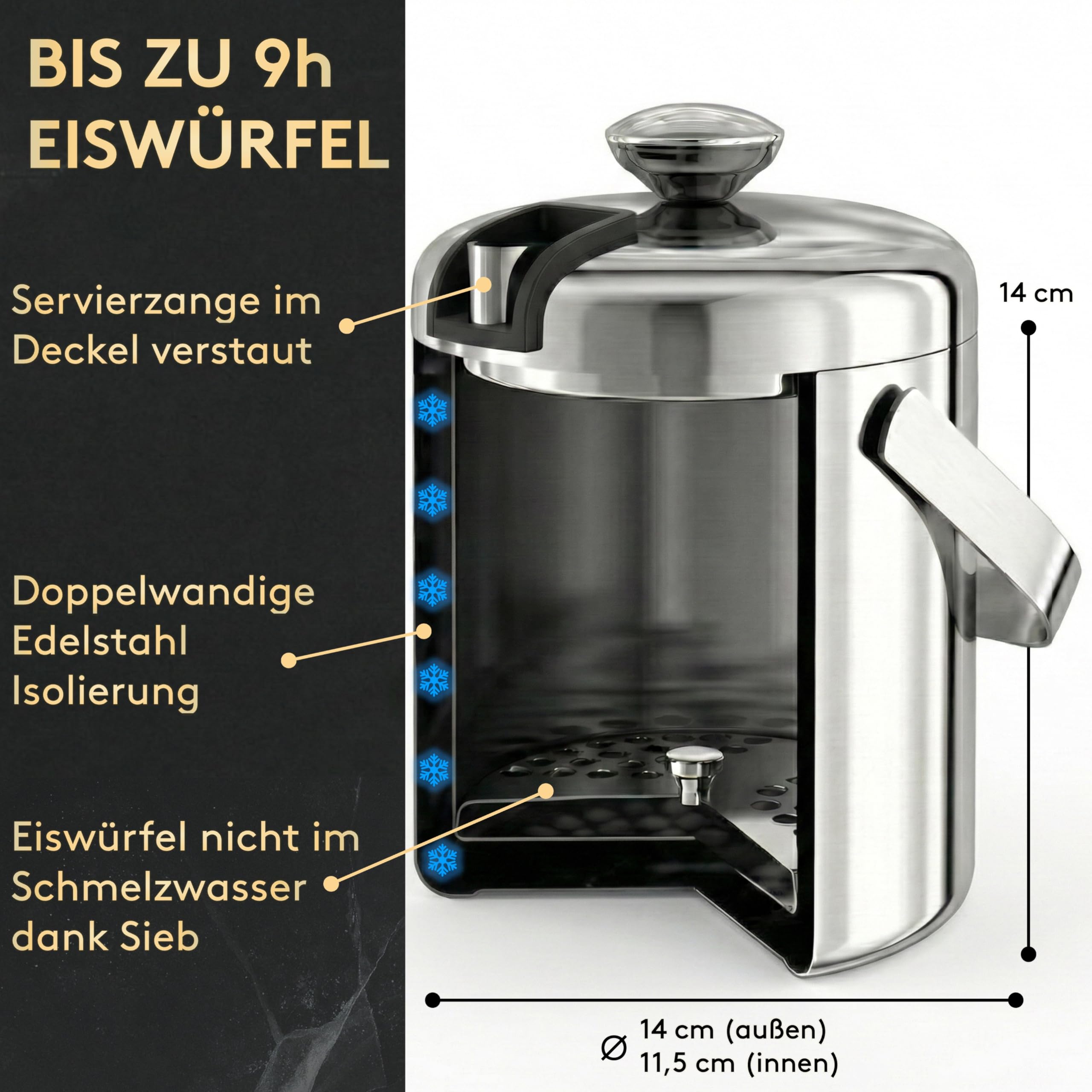 SilverRack Edelstahl Eiswürfelbehälter mit Deckel u. Zange [1,3l] - Eisbehälter für Eiswürfel perfekt für kalte Getränke - Premium Eiskübel als Eiswürfelbehälter Ice Bucket