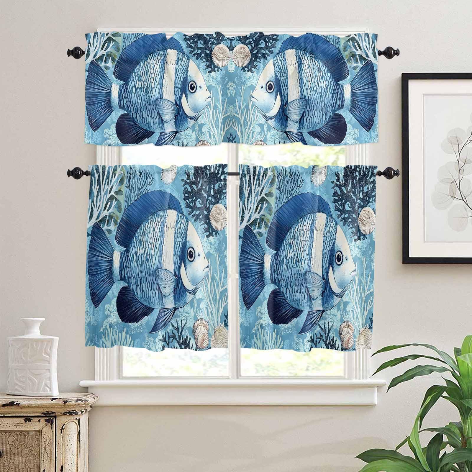 Summer Ocean Blue Kitchen Curtains 24 Inch Length, 3 Piece Rod Pocket Small Half Tiers and Valance Set, Coastal Watercolor Fish Coral Small Large Window Treatment Decor for Bedroom/Bathroom Sink