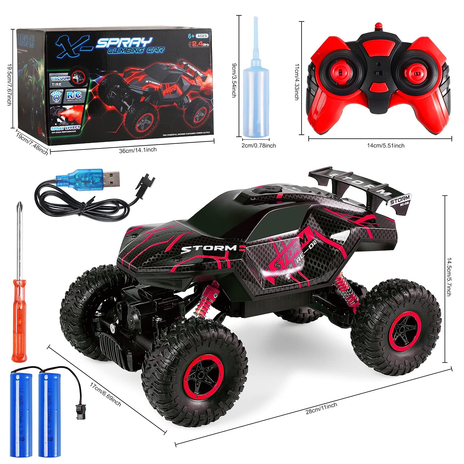 Herefun Zdalnie sterowany samochód RC 2,4 GHz 4WD LED z sprayem, ładowany, terenowy, dla dzieci od 5 lat