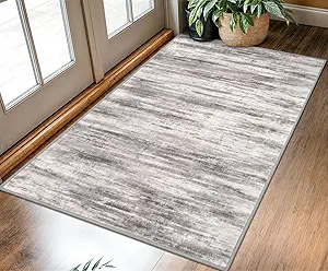 KOZYFLY Area Rug 3x5 Modern Ombre Living Room Area Rug, Washable Rugs for Bedroom Non-Slip Soft Stain Resistant Striped, Print Distressed Grey Beige Abstract Carpet for Living/Laundry/Kid Room
