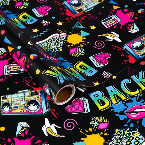 Pineraap Rollo de papel de regalo de los años 80 y 90, papel de regalo de hip hop neón de los años 80, papel de regalo retro de graffiti rock
