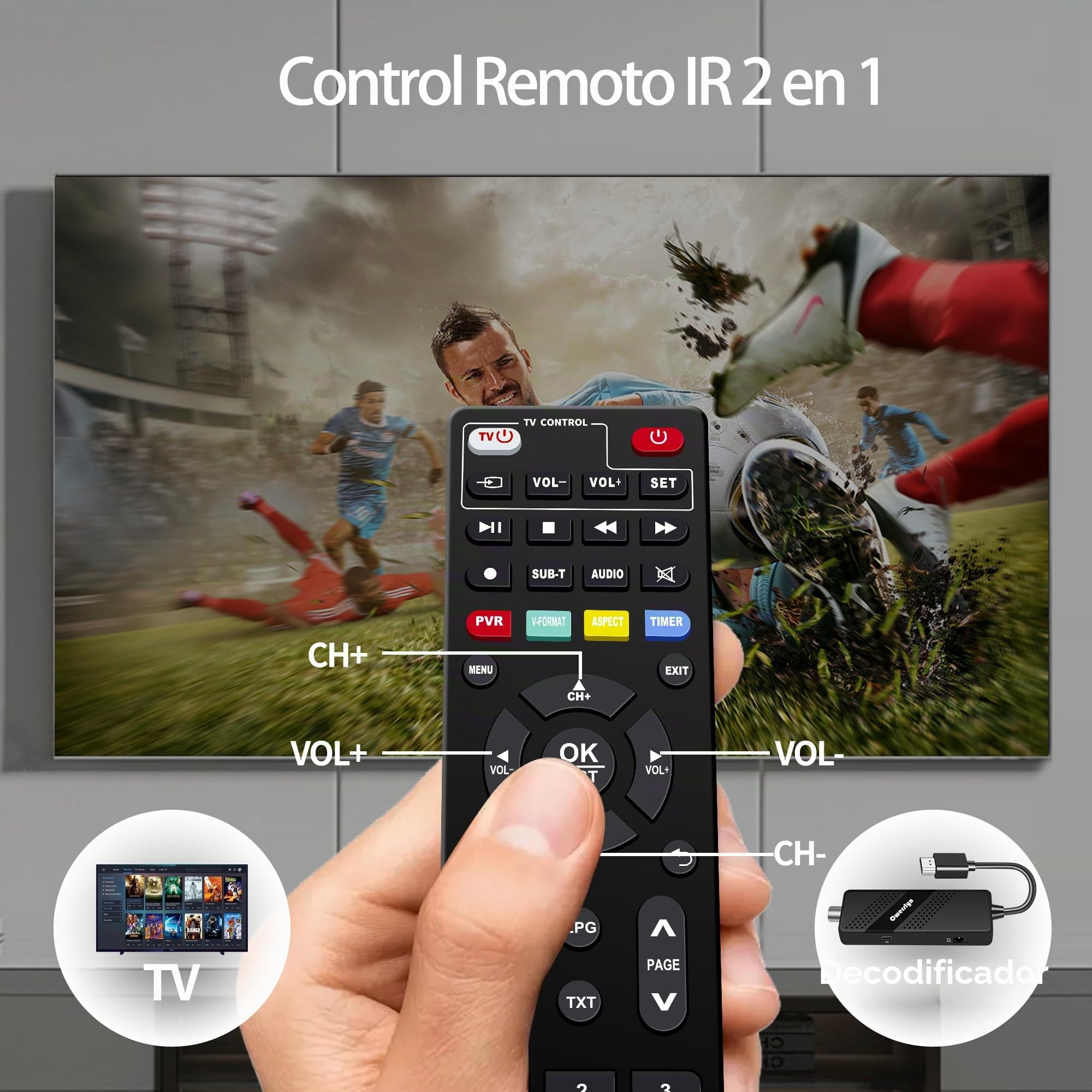 Decodificador TDT HD 2026 OWERSLYN, Receptor DVB-T2 TDT para TV Antigua, HDMI CEC, 1080P H.265 HEVC 10-bit, con Salida HDMI/AV, USB Mediaplayer, función PVR y Mando a Distancia IR 2 en 1