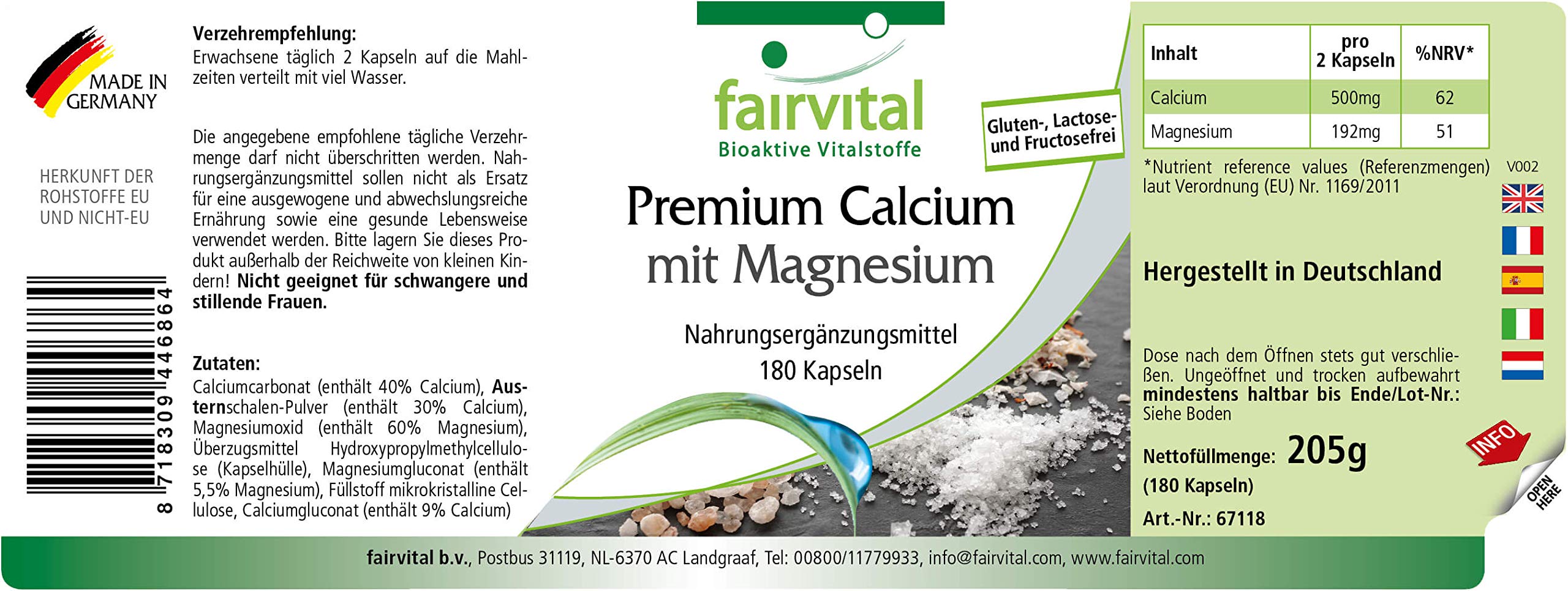 fairvital Premium Calcium Magnésium en gélules, 180 gélules, pour 3 mois, HAUTEMENT DOSÉ, avec poudre de coquilles d'huîtres