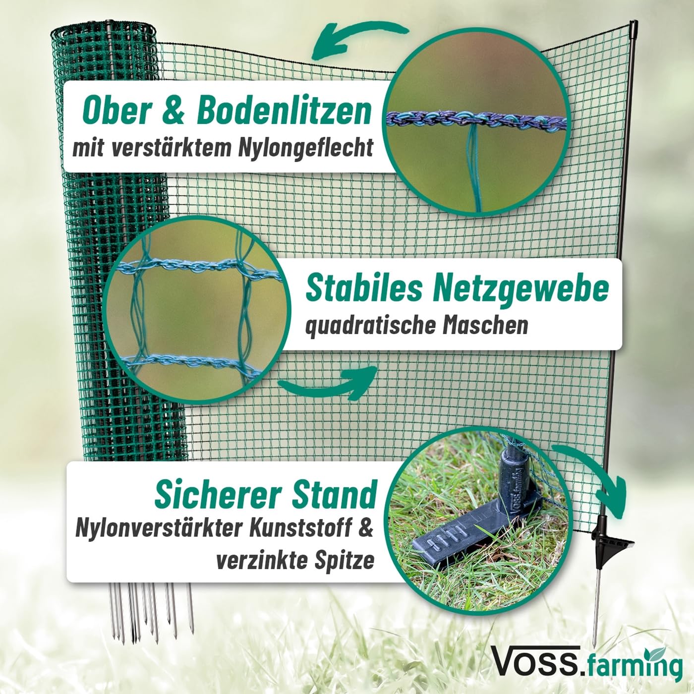 VOSS.farming Begrenzungszaun Classic ohne Strom, 20m, 120cm, 12 Pfähle, 1 Spitze, grün, Kleintiernetz, mobiler Zaun, Gartenzaun, für Garten, Haus, Hof