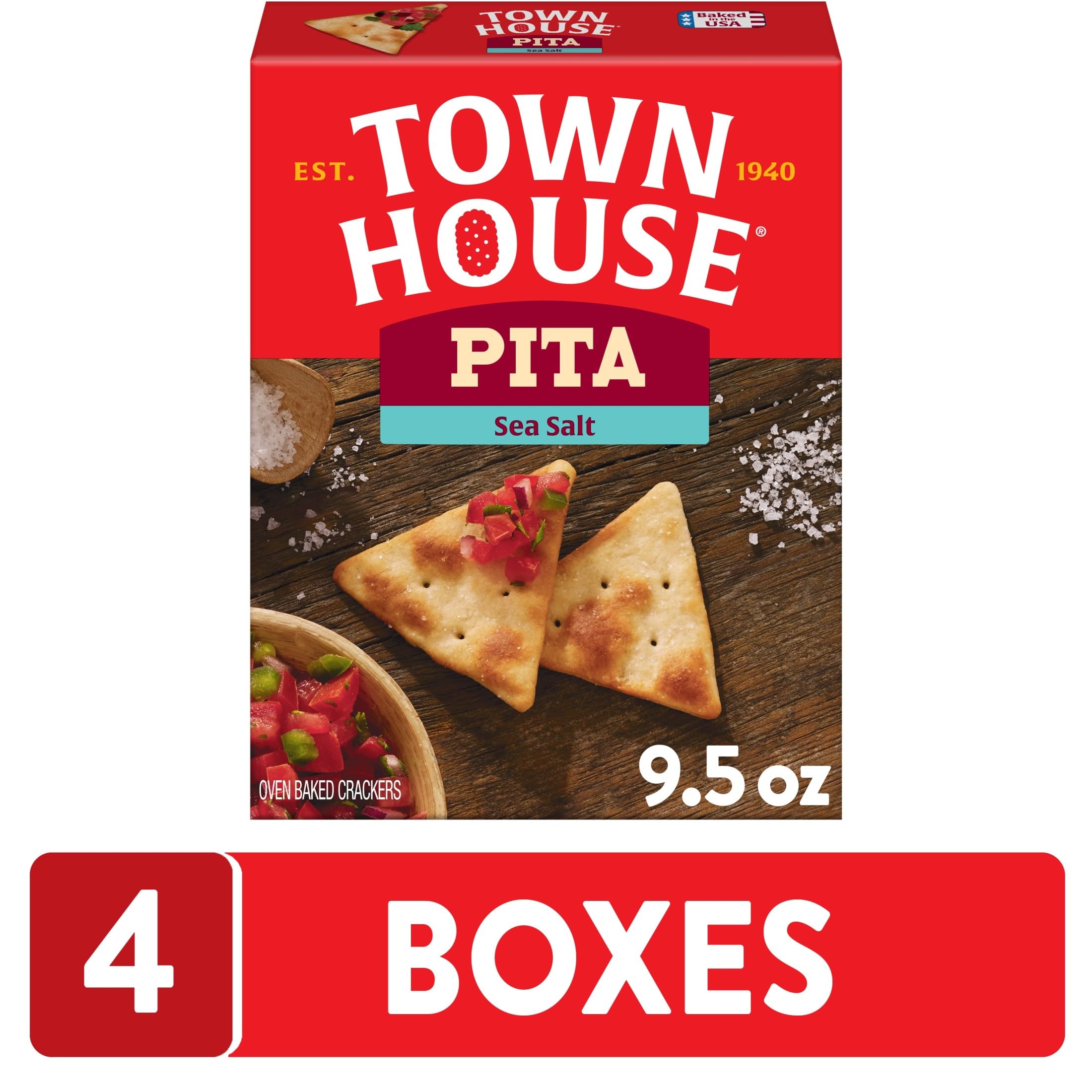 Kellogg's Town House Pita Crackers Galletas horneadas al horno, bocadillos de almuerzo, aperitivos de fiesta, sal marina (4 cajas)