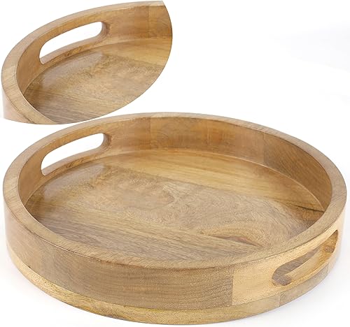 Bandeja de madera rústica para servir Bandeja decorativa de madera redonda para centro de mesa vintage, bandeja otomana de granja para encimera de