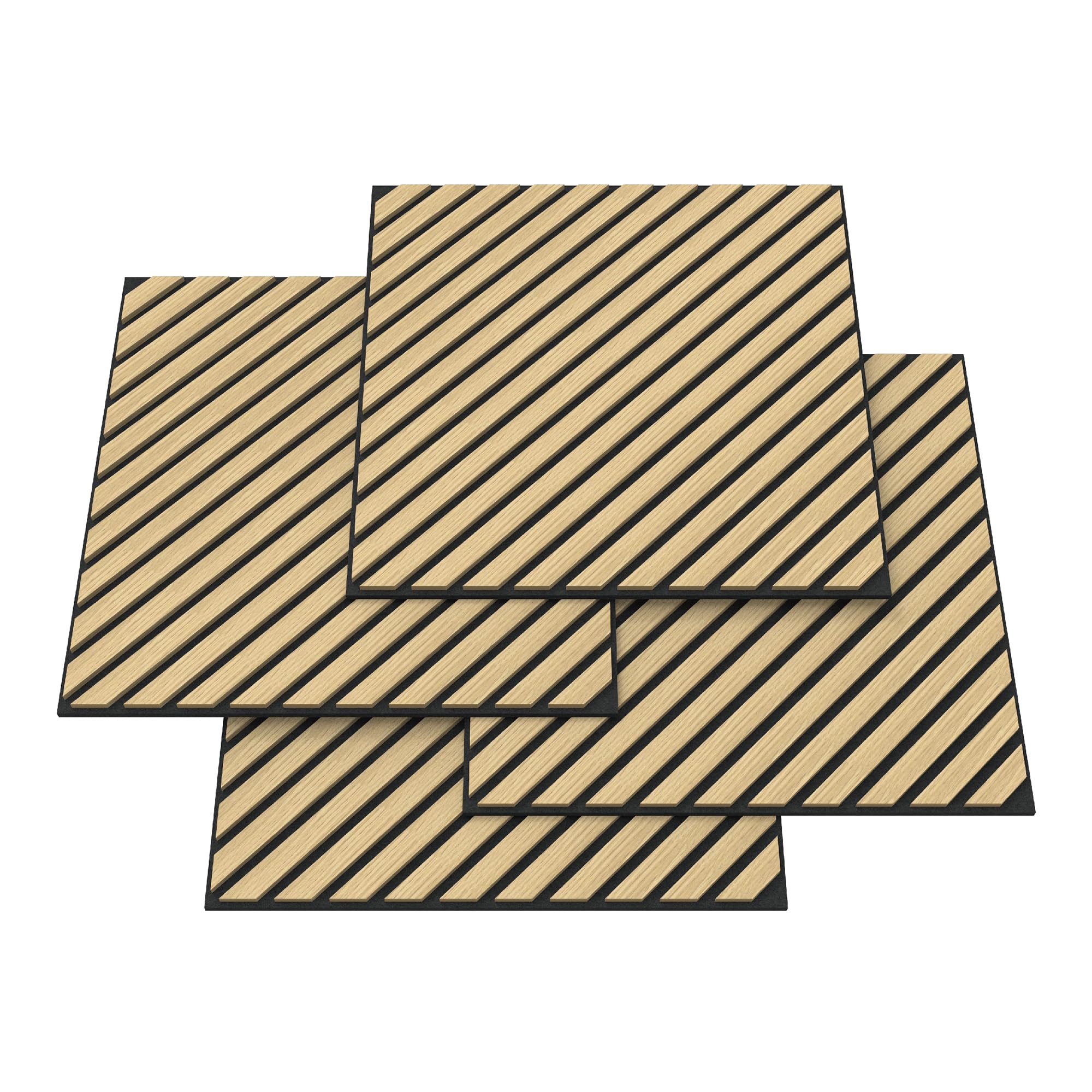 NEU.HOLZ Panel de Pared 3D Vang Juego de 4 Paneles Acústicos (1,44 m²) Revestimiento Mural 20 Listones Diagonales Decorativos Estilo Escandinavo en MDF y Fieltro PET 60 x 60 x 2 cm - Roble