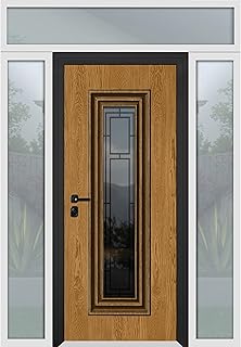 VDOMDOORS Front Exterior Prehung Steel Door/Ballucio 6644 Natural Oak / 2 Side and Top Exterior Window Sidelite/Entry Metal Modern Painted W12+36+12" x H80+16" Right Hand Inswing