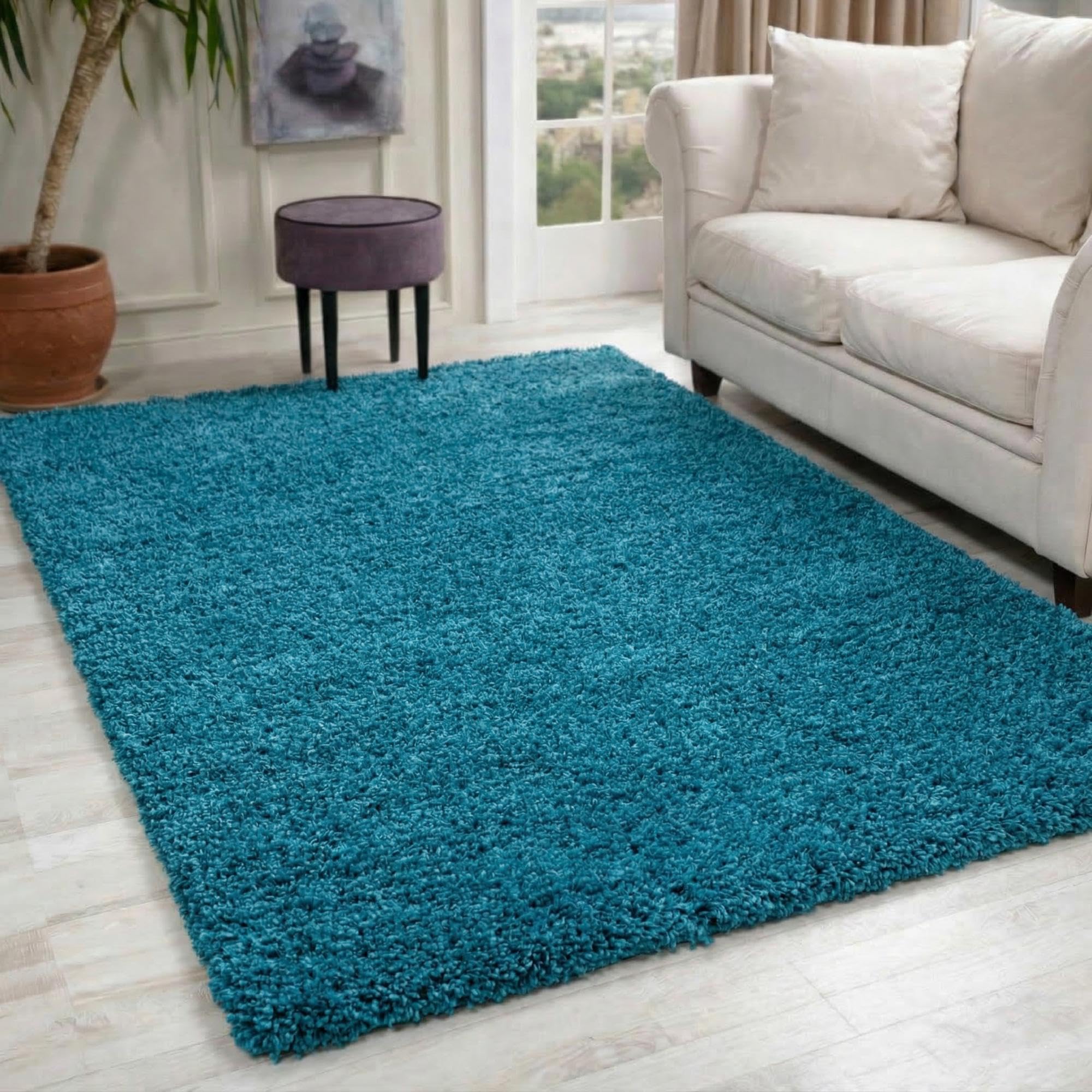Oxford Plain Soft Thick Shaggy Living Room Area Rug, Teal, 60x110cm