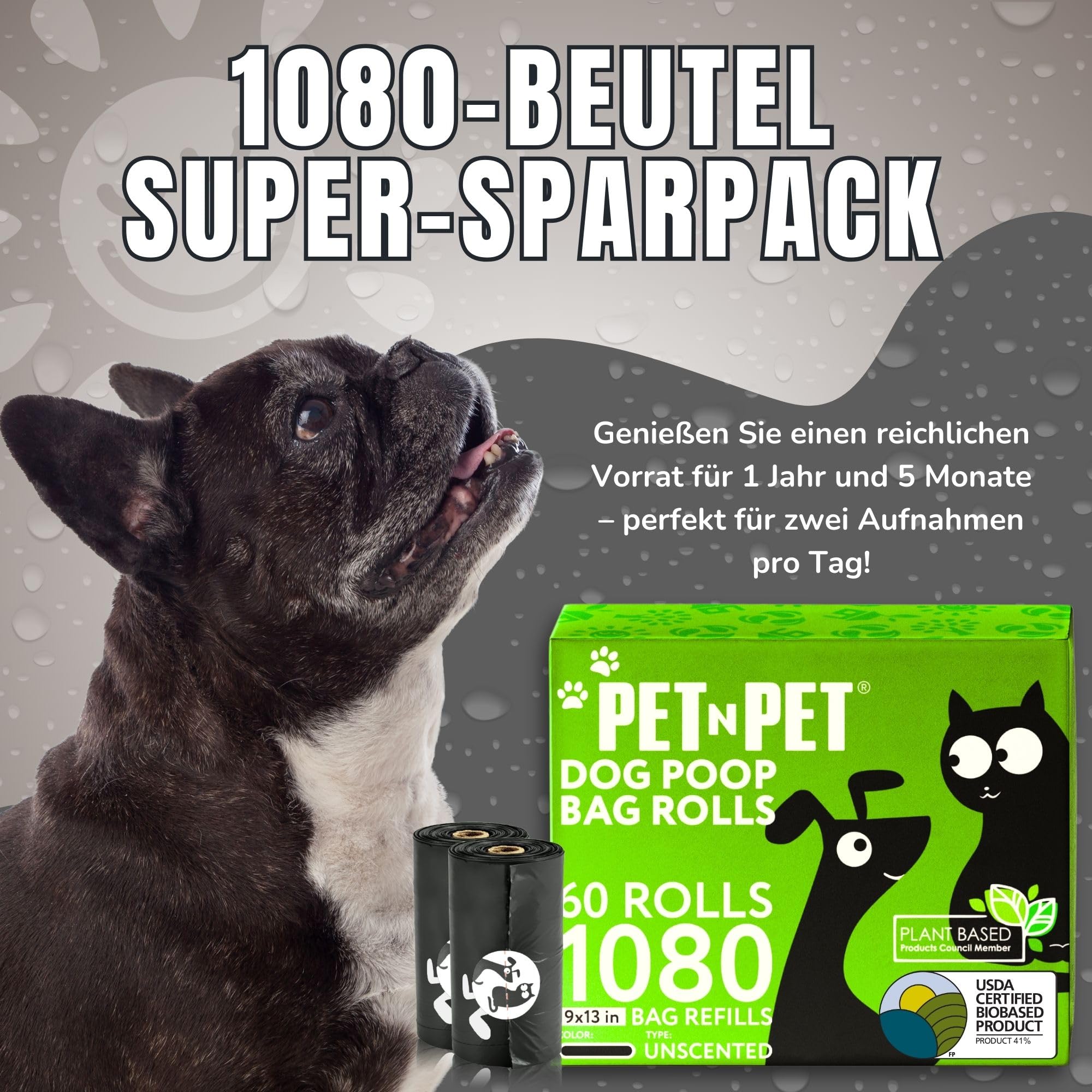 PET N PET Hundekotbeutel, 1080 Stück, 60 Rollen Kotbeutel, Schwarz | Extra dick & reißfest, 41% pflanzenbasiert, Geruchlos, Auslaufsicher, kotbeutel für hunde & Katzenstreubeutel