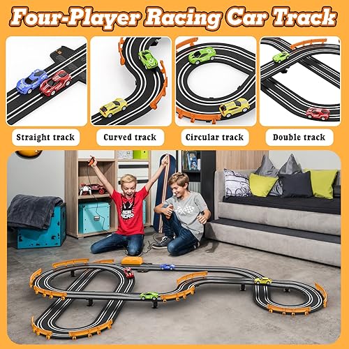 Miniatura 2 de Juegos de carreras de autos con 4 autos de carreras de alta velocidad, batería o pista de carreras eléctrica para niños y niños, doble juego