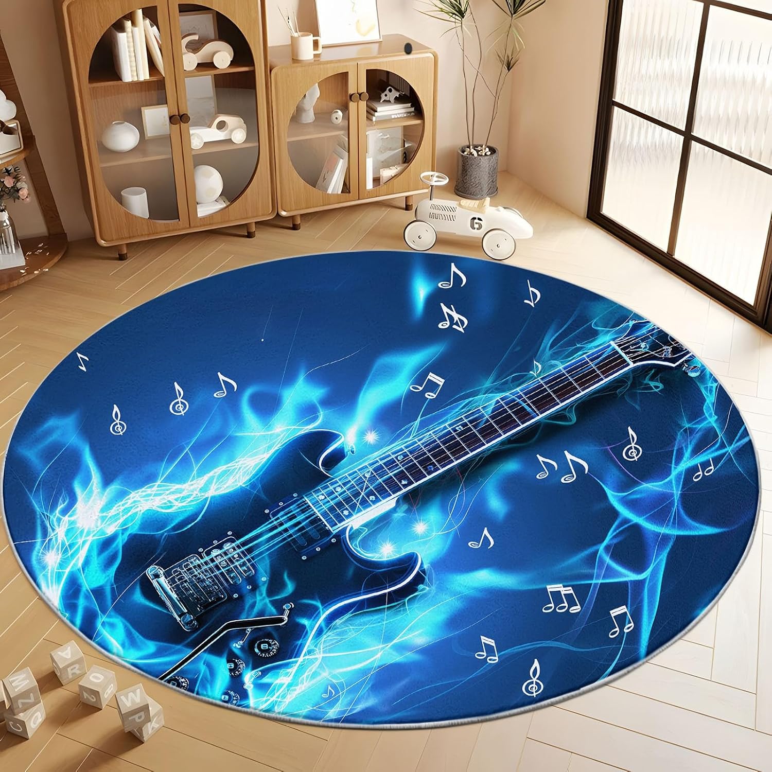 Round Rug 7 ft Washable Circle Rugs, Blue Flame Abstract Art Guitar Non Slip Low Pile Abstract Art Circular Carpet for Bedroom Entrance Office Decor - Non Shedding Indoor Coffee Table Mat