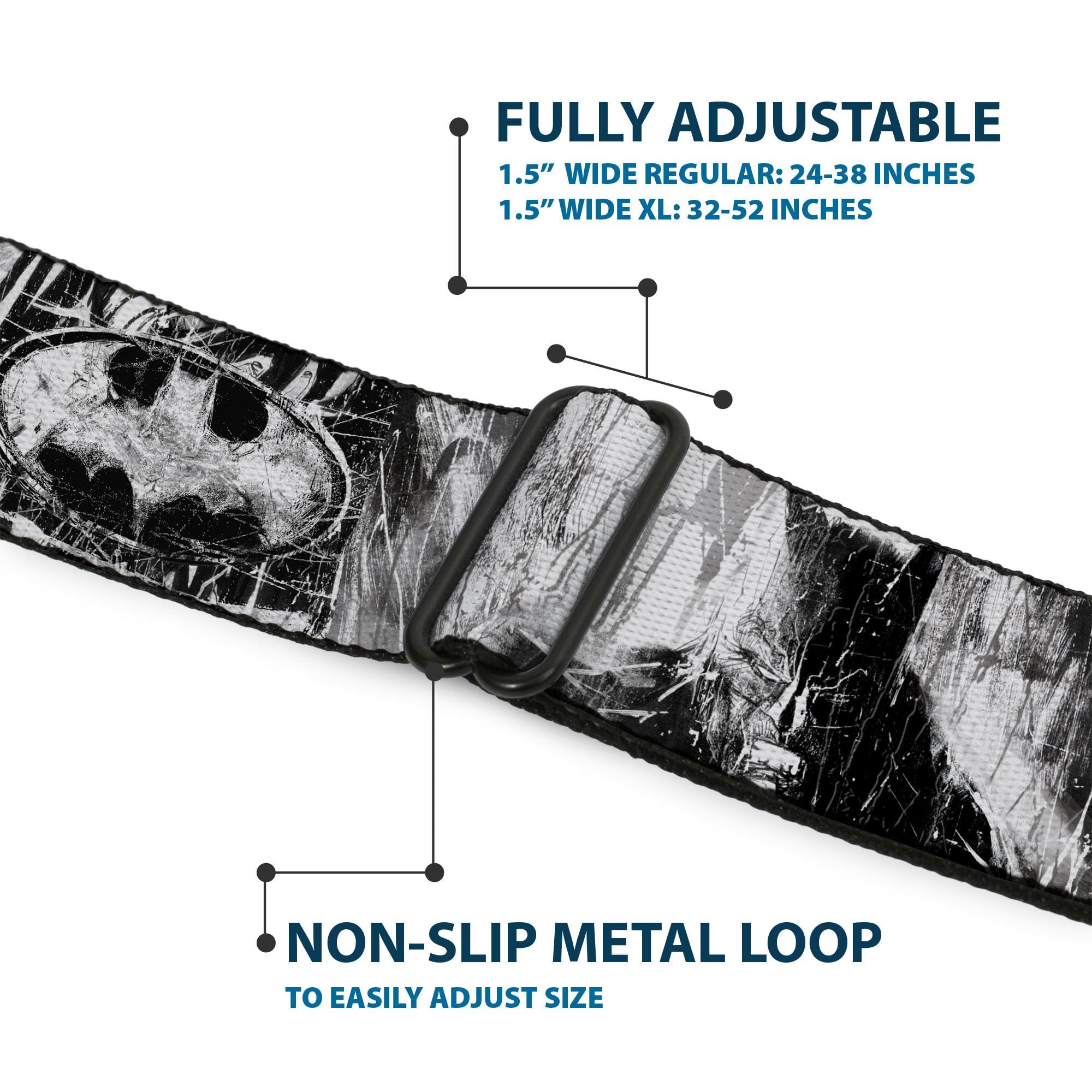 Buckle-Down Men's Seatbelt Belt Kids, Batman face/Bat Shield Sketch White/Black, 1.0'' Wide-20-36 Inches'