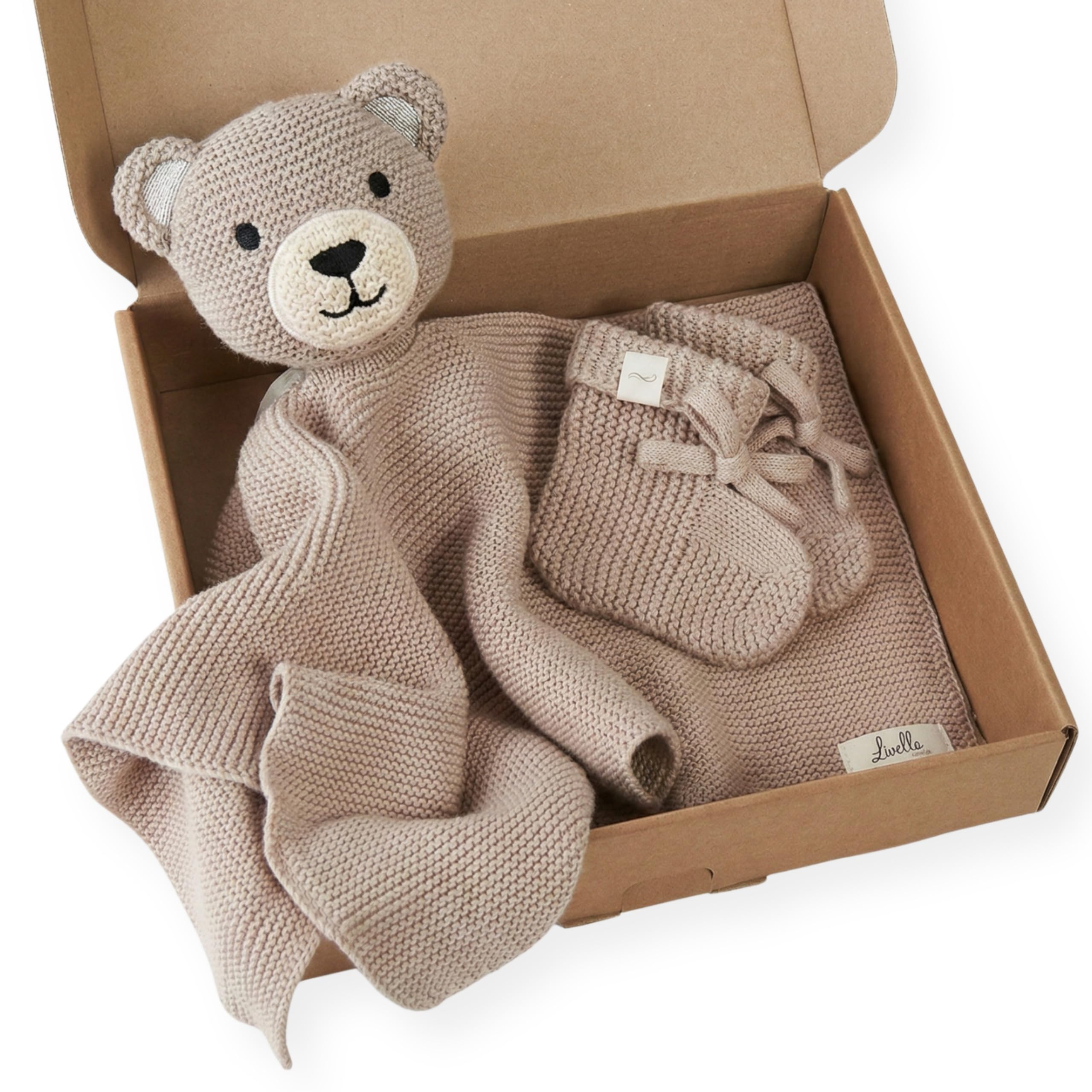 Livella Kuscheltuch „Bär“ mit Söckchen in Braun - Reine Bio-Baumwolle – Schmusetuch, Kuscheldecke, Schmusedecke, Strickdecke - Samtweich & atmungsaktiv - Oeko-TEX® Standard 100 & GOTS Zertifiziert