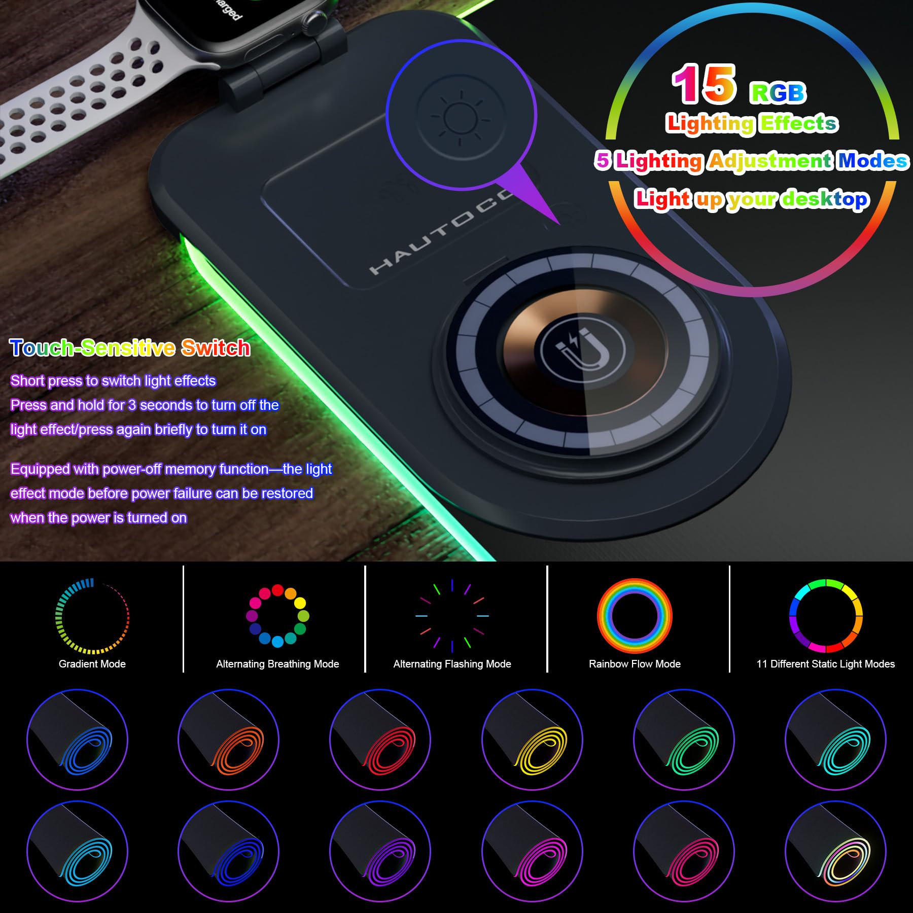 HAUTOCO Tappetino per mouse con ricarica wireless, 15 W, RGB, tappetino per mouse da gioco, impermeabile, con supporto per telefono, 89 x 30 cm, extra large, base antiscivolo, tappetino per tastiera