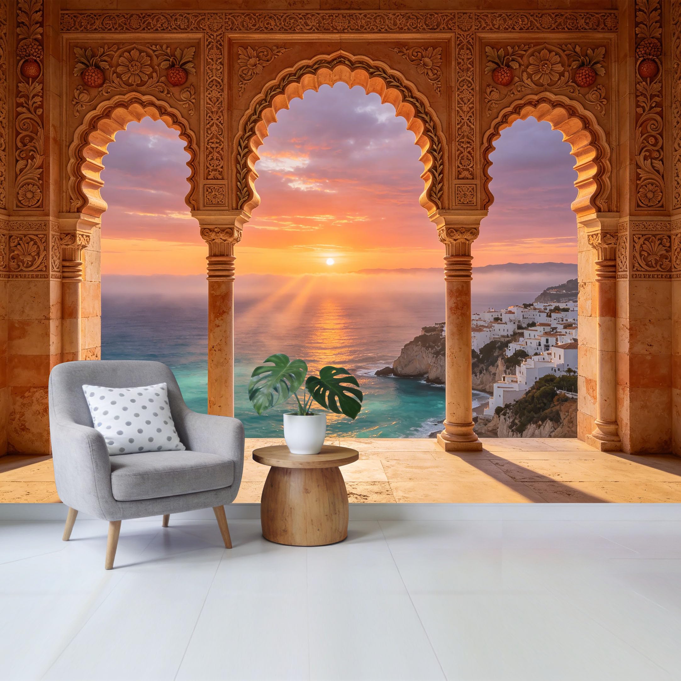 Removable Self Adhesive Fabric Mural， Mediterranean Coastal Sunset Arch Window Custom Size Wall Covering， UV Protected Waterproof Washable Wall Decor for Living Room Bedroom Bathroom