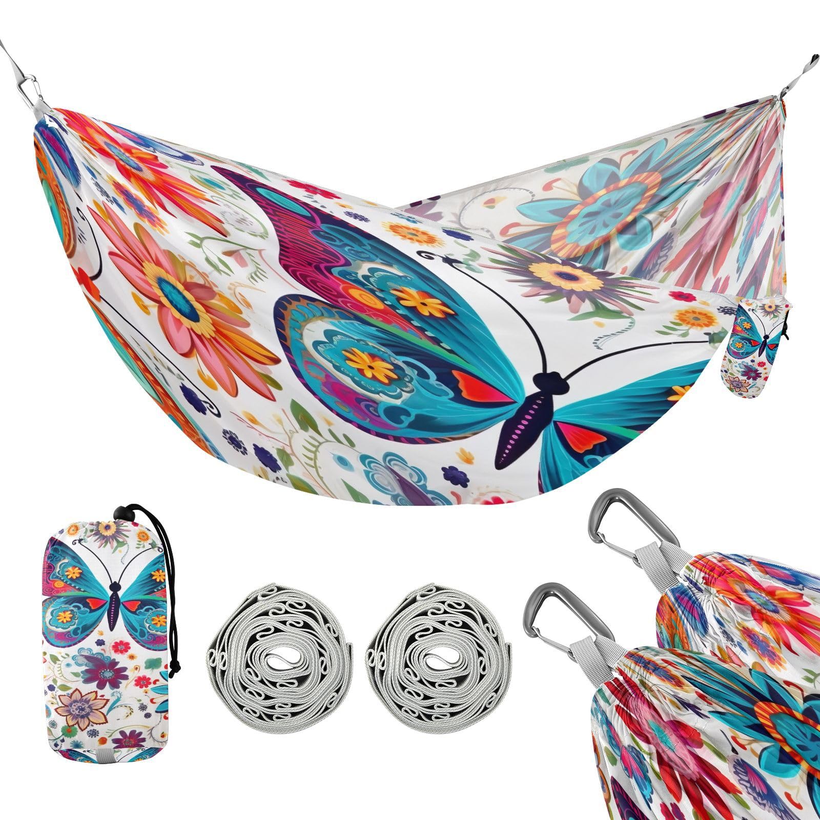 ATTX Colorful Butterflies Camping Hammock - Lightweight & Portable Hammocks, Heavy Duty 330lbs Capacity for Indoor, Hiking, Backpacking, Travel, Backyard, Beach#244