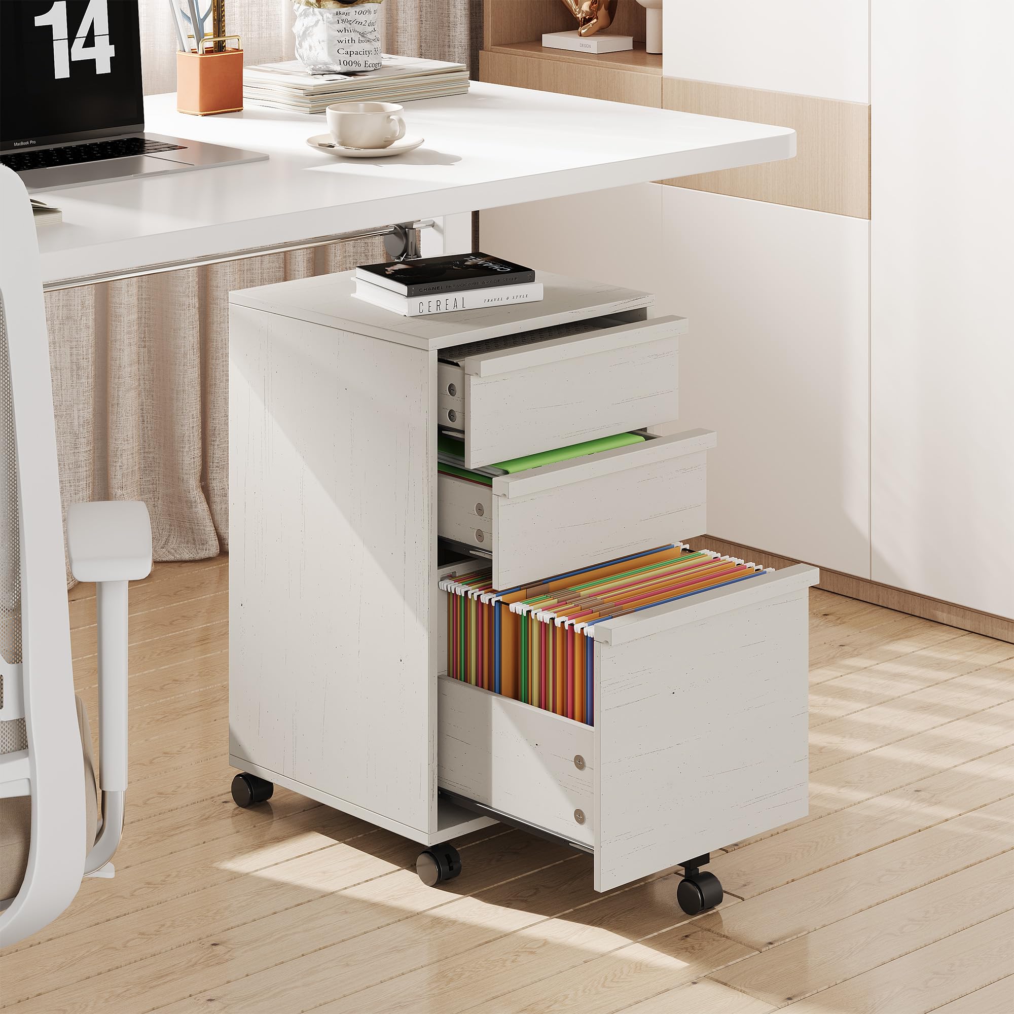 Garvee Cassettiera archivio su ruote in legno, mobile schedario sotto scrivania/portastampante - 3 cassetti con cassetto per cartelle sospese - 2 ruote con freno, Bianco antico, 3 cassetti