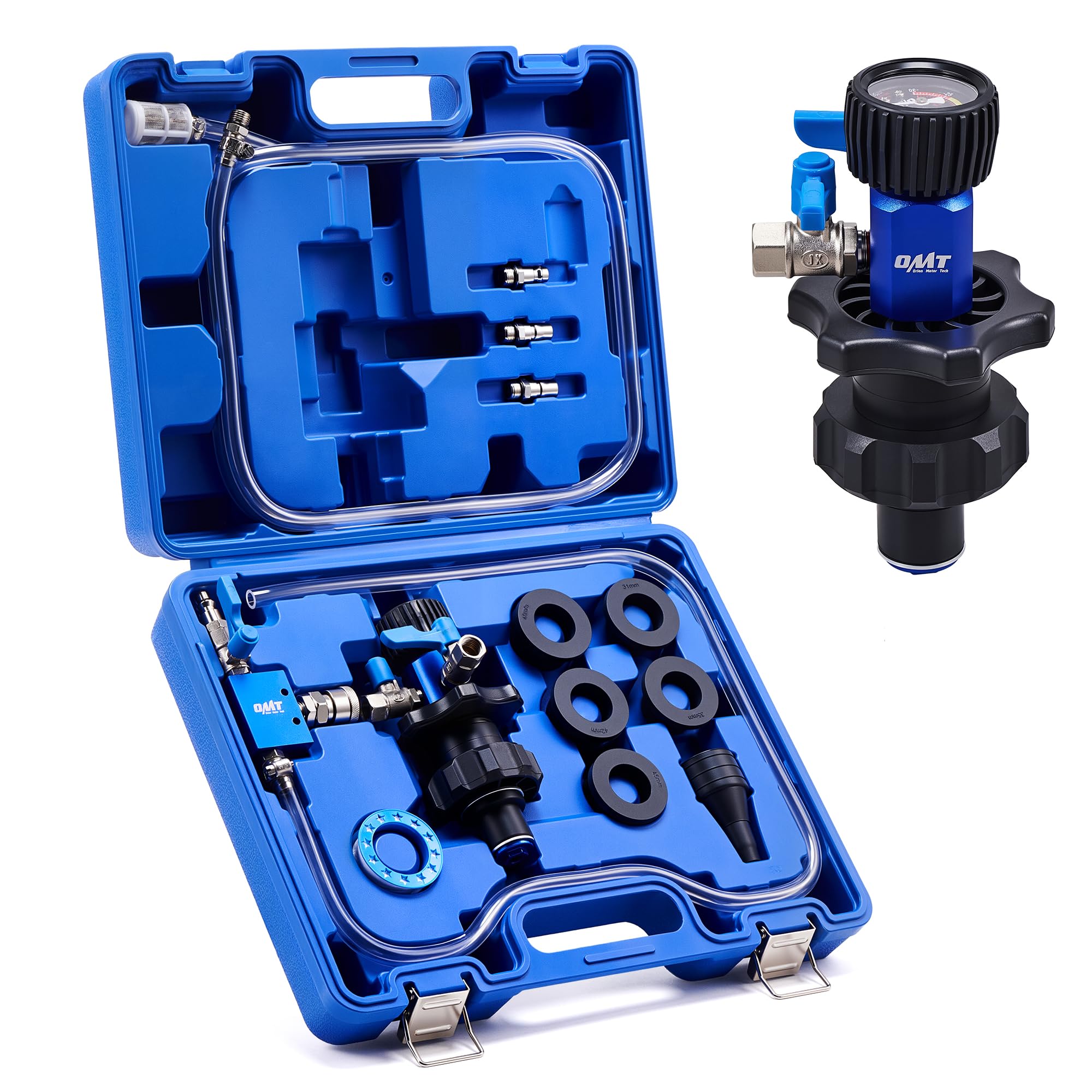 Photo 1 of Orion Motor Tech Coolant Vacuum Refill Kit, Cooling System Vacuum Fill Tool with Leak Detector 5 Round Adapters 1 Conical Adapter, Radiator Coolant Fill Kit with Dual-Movement Gauge for Vacuum Leak