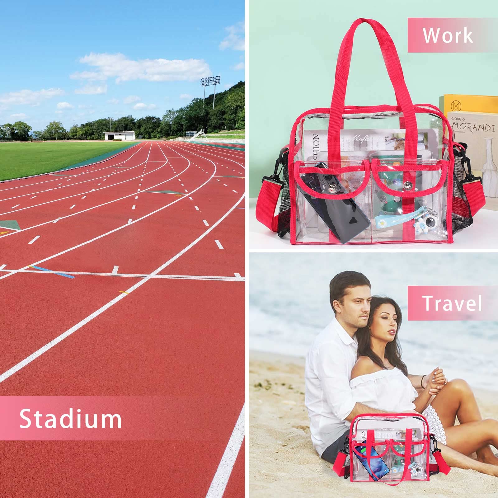 MOFASVIGI Grand sac fourre-tout transparent pour femme et homme, sac de courses en PVC transparent imperméable avec poignées pour stade, jeux sportifs, loisirs