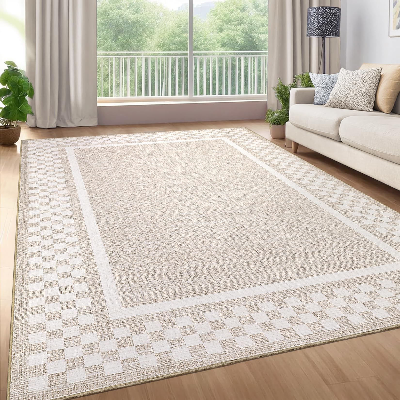 Photo 1 of ****5X7****GarveeHome Modern Bordered Area Rugs for Living Room Bedroom Soft Washable Large Bedroom Throw Carpet Non Slip Checkered Geometric Rugs for Dining Room Home Decor Office, Beige
