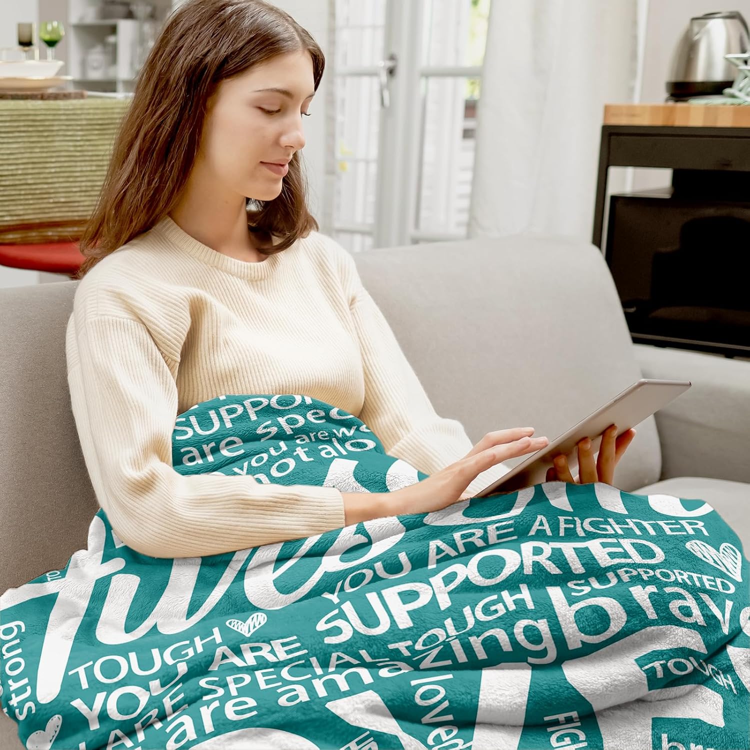 Super Soft Hug Blanket, Get Well Soon & Cancer Care Gifts for Women, Surgery Recovery Inspirational Gift for Mom Friend Siste, Teal 50"x60"