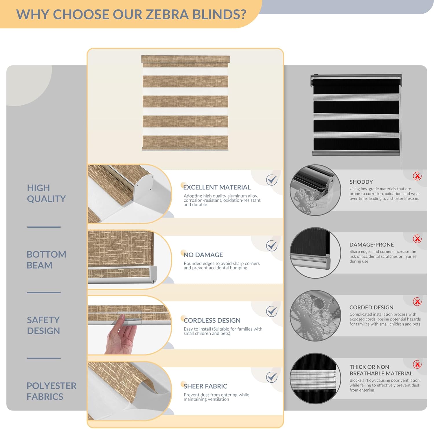 Boolegon Cordless Zebra Blinds for Windows, Free-Stop, Dual Layer Zebra Blinds for Indoor Windows, Filtering Light Control for Day & Night, Sheer Shades for Home or Office, Sand Brown, Custom Sizes