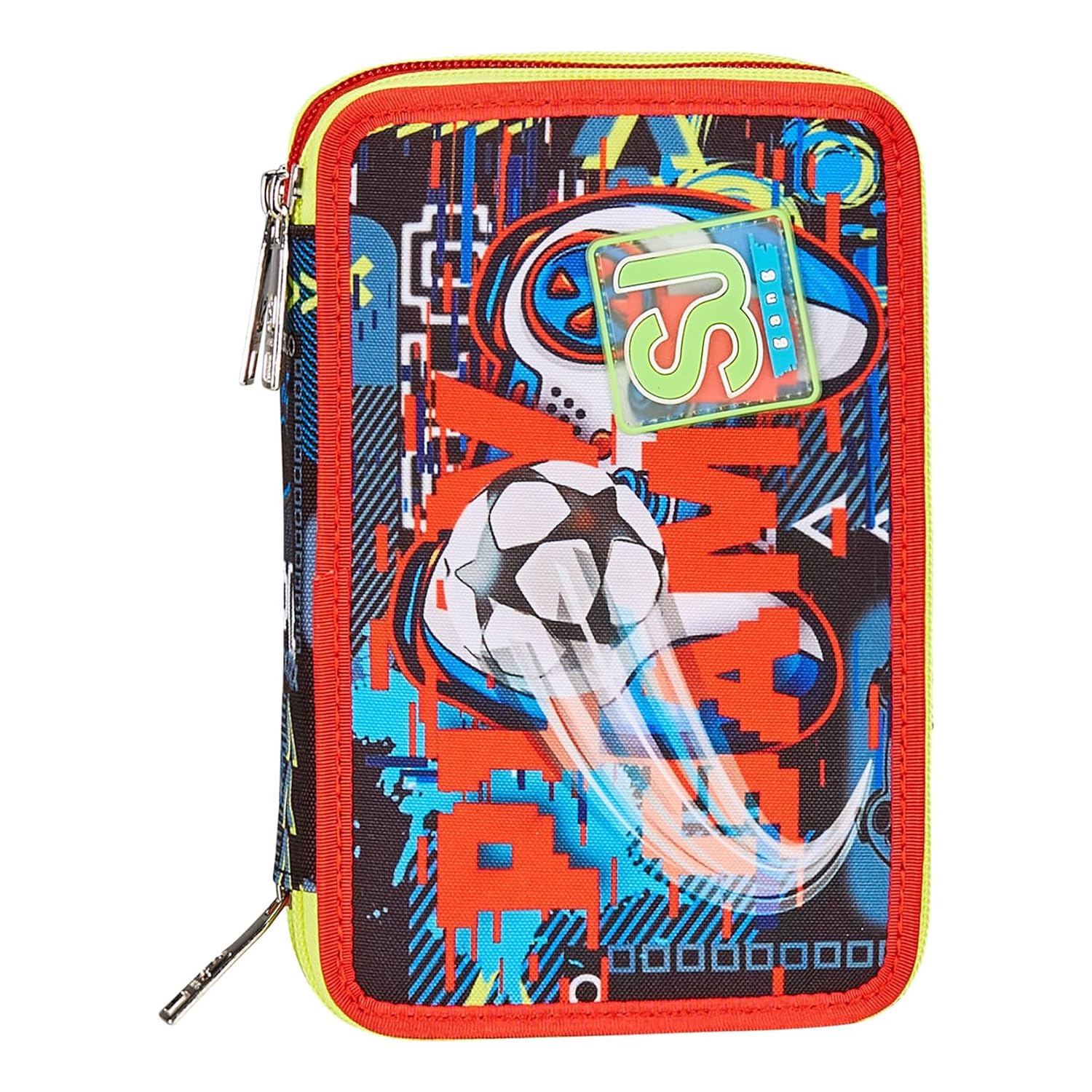 SJ GANG STYLE JAM GANG Astuccio Scuola 3 Zip, Nero, Rosso, FunnyGoal, Portapenne Triplo Scomparto Completo Di Penne, Matite, Colori, Accessori Zaino, Elementari, Medie, Bambino
