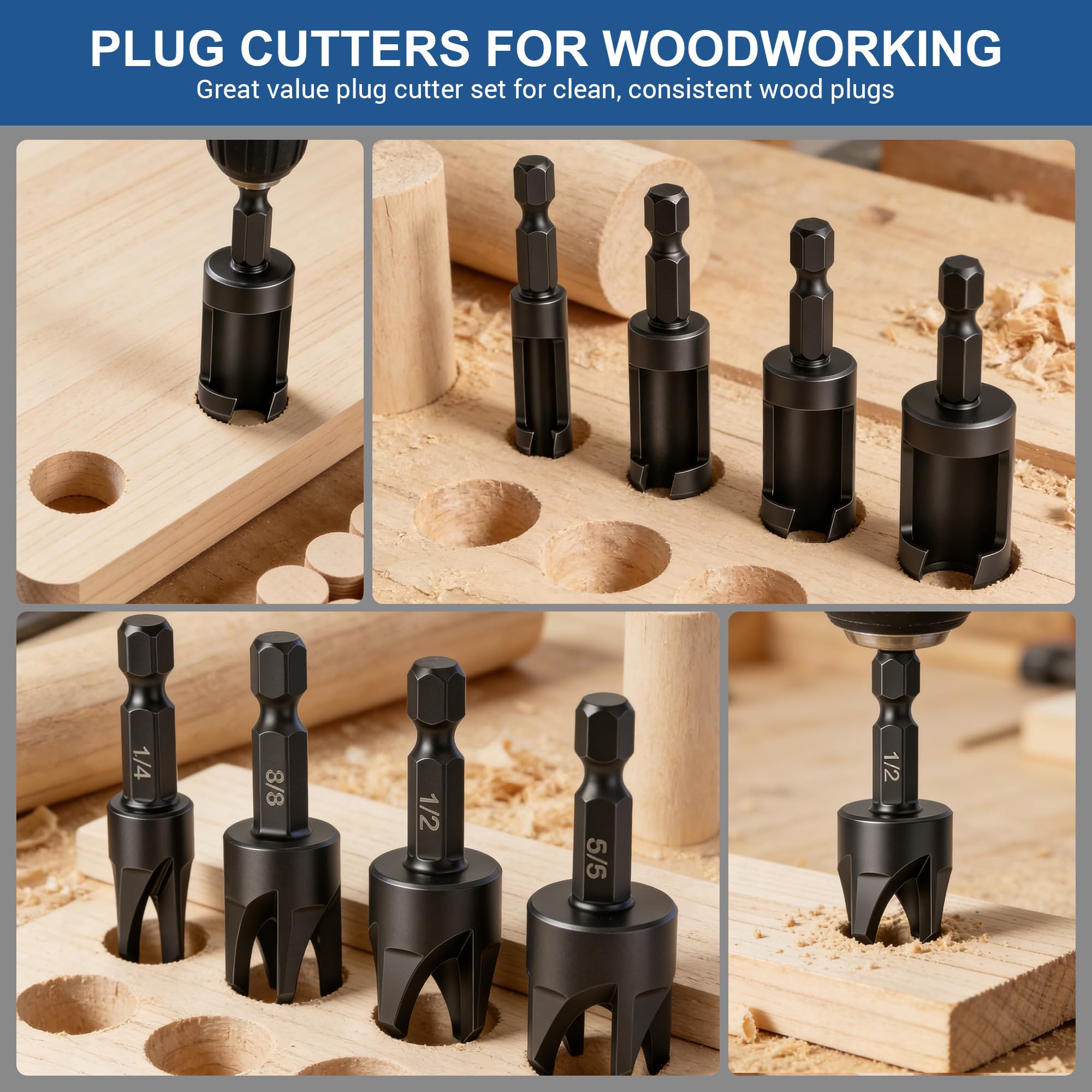 Wood Plug Cutter Set - 8 Pcs for Flush Fit -4