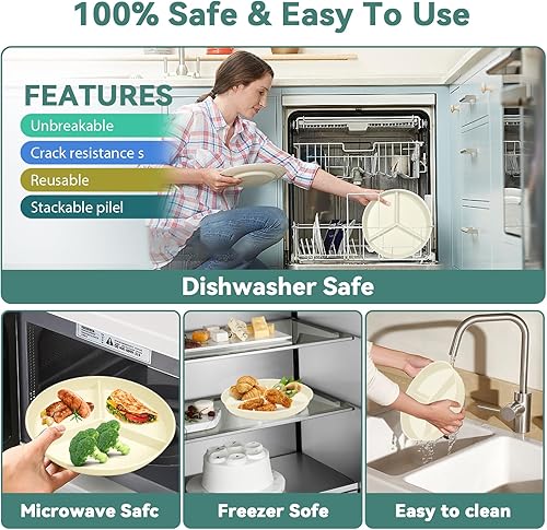 Miniatura 5 de FENGDUOYUN Plato llano de plástico irrompible de 9.6 pulgadas (8 piezas) con control de porciones (plato de sujeciónplato de picnic), color beige..