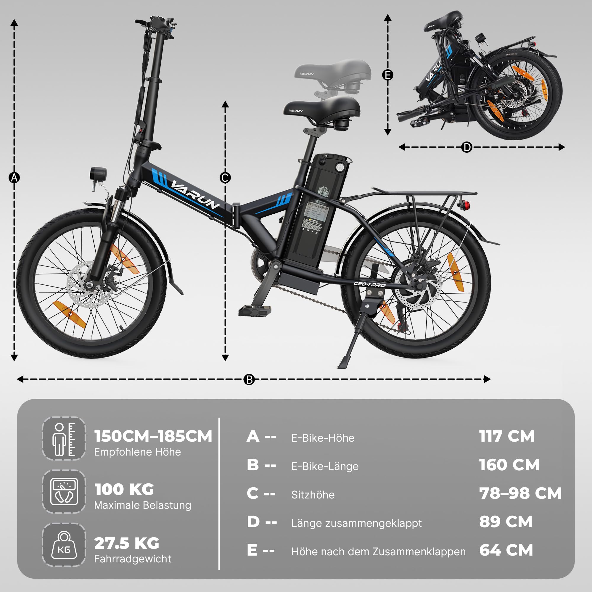 VARUN E Bike, 20 Zoll E-Bike Klapprad mit 48V 624 Wh Akku, Max 100 KM, Ebike Damen Herren mit 250W Motor, 25KM/H, 7-Gang, Elektrofahrrad City Ebike für Pendler und Camping, EU-Konformes
