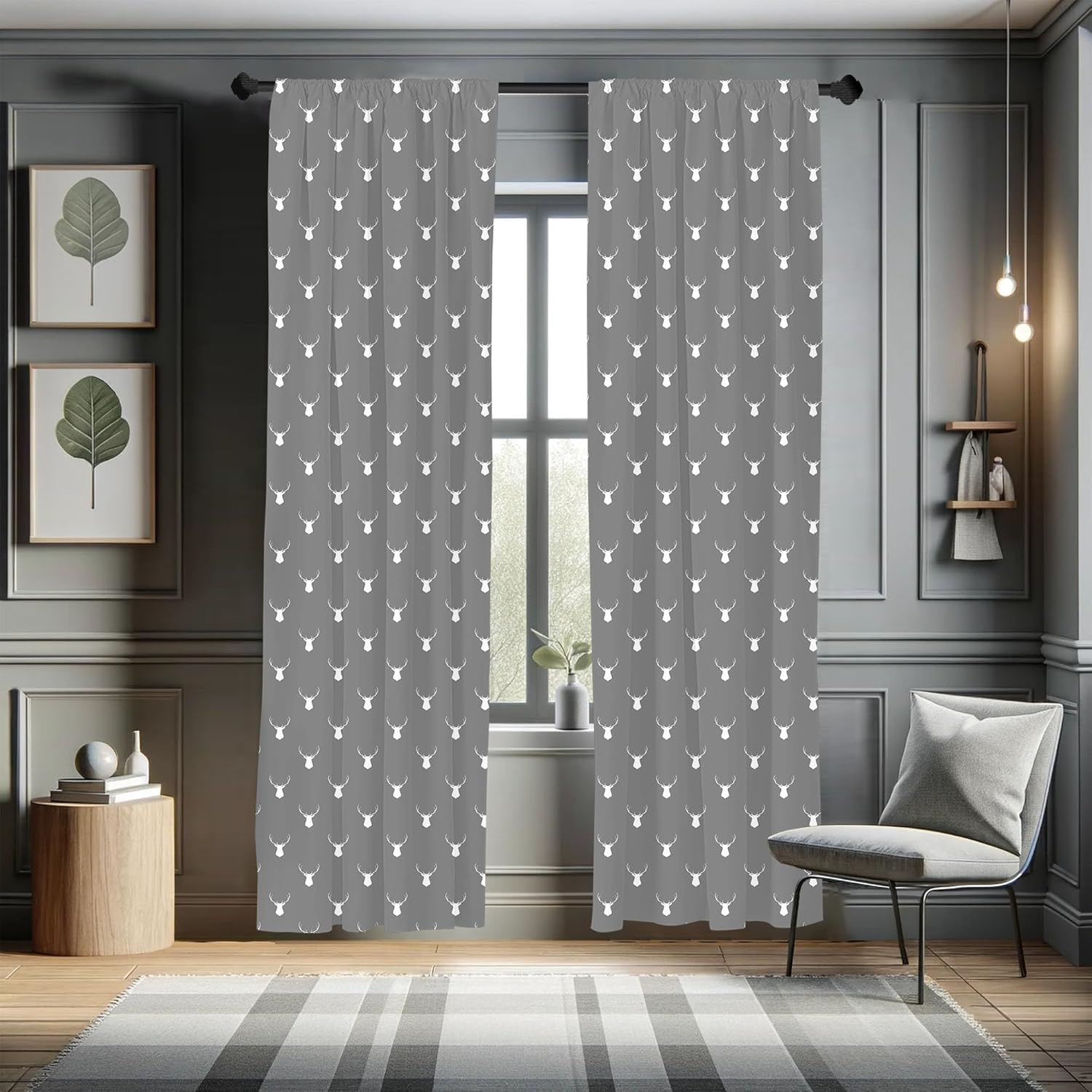 Lunarable Deer Head Window Curtains, Repetitive Faceless Portrayals Nature Winter Time Elements Moose Greyscale, Lightweight Decor 2-Panel Set with Rod Pocket, Pair of - 28" x 63", Dimgray and White