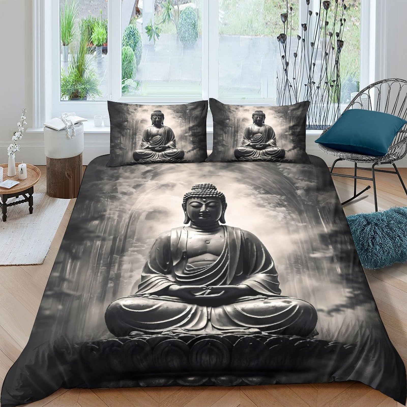 GPLZQXKJNH 3D Printed Buddha Zen Duvet Cover Microfiber Soft Breathable Meditation Statue Bedding Set with 2 Pillowcases for Bedroom Decor Single（135x200cm）