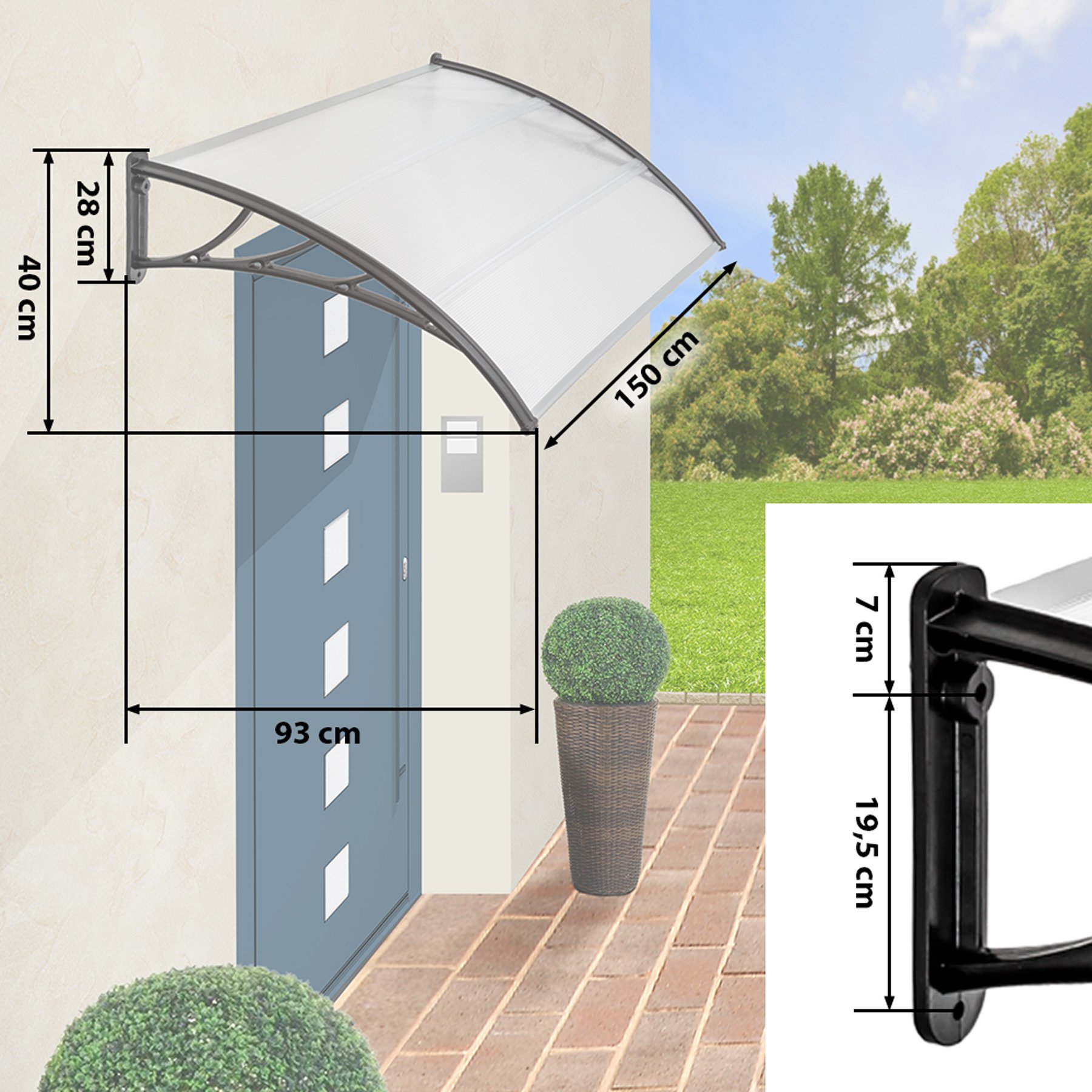 tectake® Marquesina Resistente para Puerta Entrada Exterior, Burlete Puerta Entrada, Placas de Policarbonato, Tejado Exterior y Toldos Exterior Terraza Duraderos - 93 x 150 x 0,5 cm