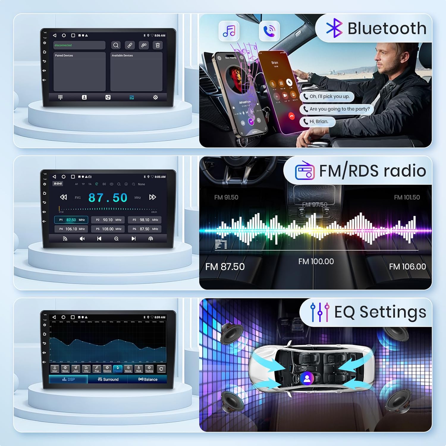 Hodozzy car stereo showing split screen mode with navigation and music player