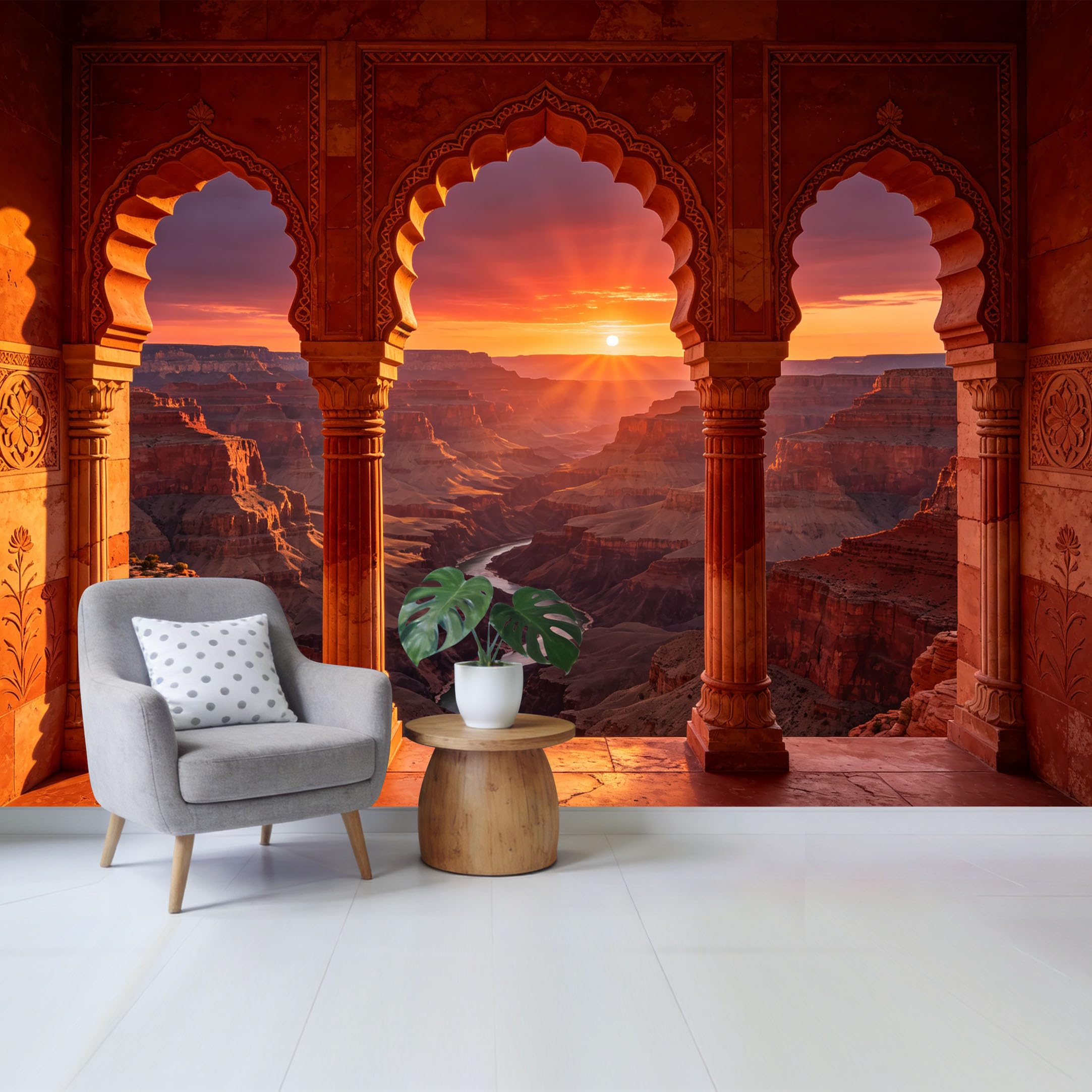 Removable Self Adhesive Fabric Mural， 3D Trompe L'Oeil Canyon Sunset River View Custom Size Wall Covering， UV Protected Waterproof Washable Wall Decor for Living Room Bedroom Bathroom